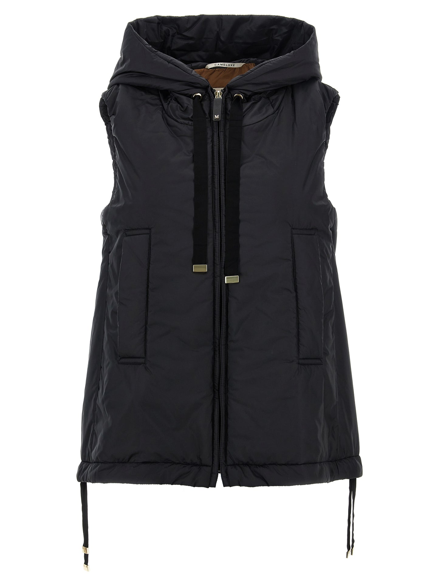 Hooded Vest by Max Mara for women in faux leather & canvas black, gold & monogram features an on trend silhouette, showcasing a sophisticated hooded neckline and premium pockets & hooded for a truly on trend finish.