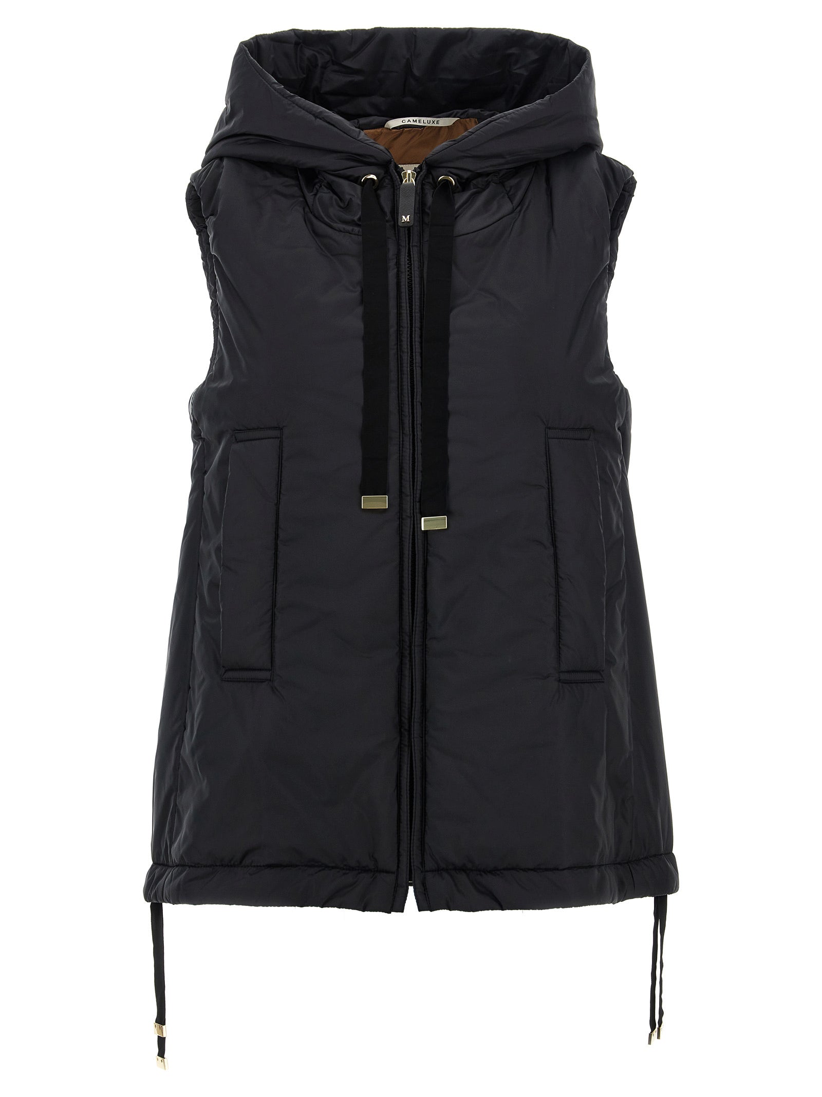 Hooded Vest by Max Mara for women in faux leather & canvas black, gold & monogram features an on trend silhouette, showcasing a sophisticated hooded neckline and premium pockets & hooded for a truly on trend finish.