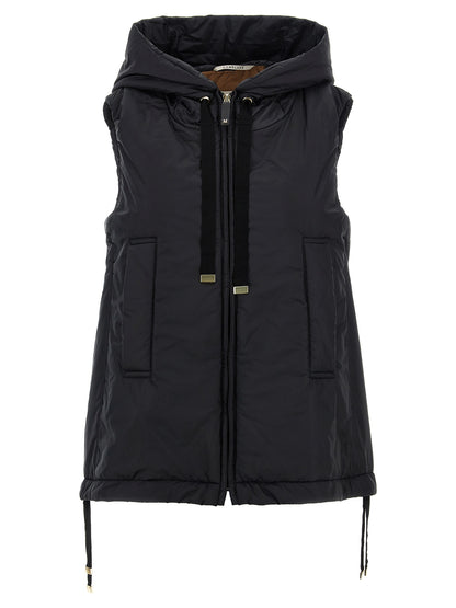 Hooded Vest by Max Mara for women in faux leather & canvas black, gold & monogram features an on trend silhouette, showcasing a sophisticated hooded neckline and premium pockets & hooded for a truly on trend finish.