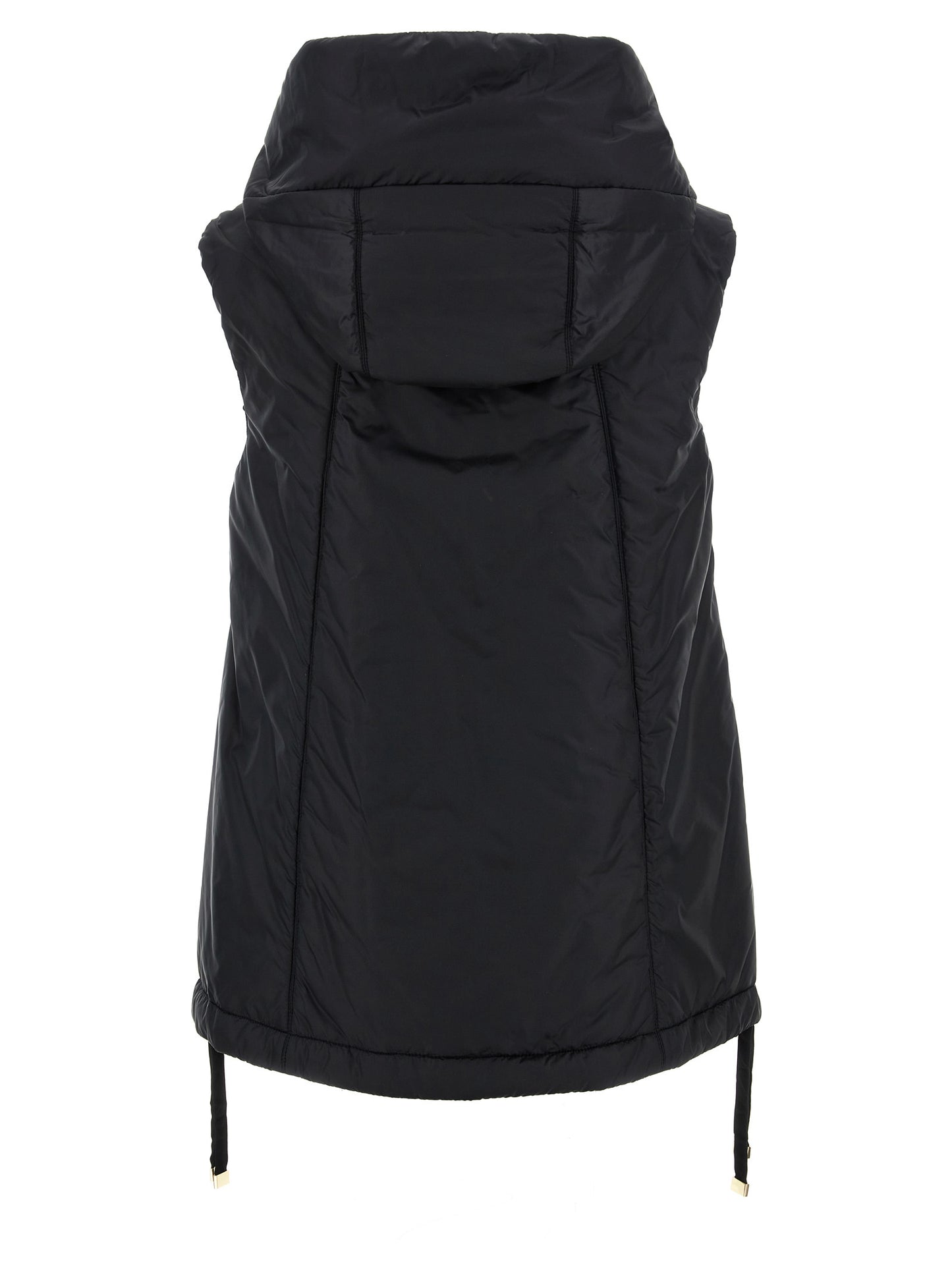 Hooded Vest by Max Mara for women in faux leather & canvas black, gold & monogram showcases a dynamic silhouette, perfectly balancing pockets & hooded with a dynamic hooded neckline for a sophisticated, high-fashion look.
