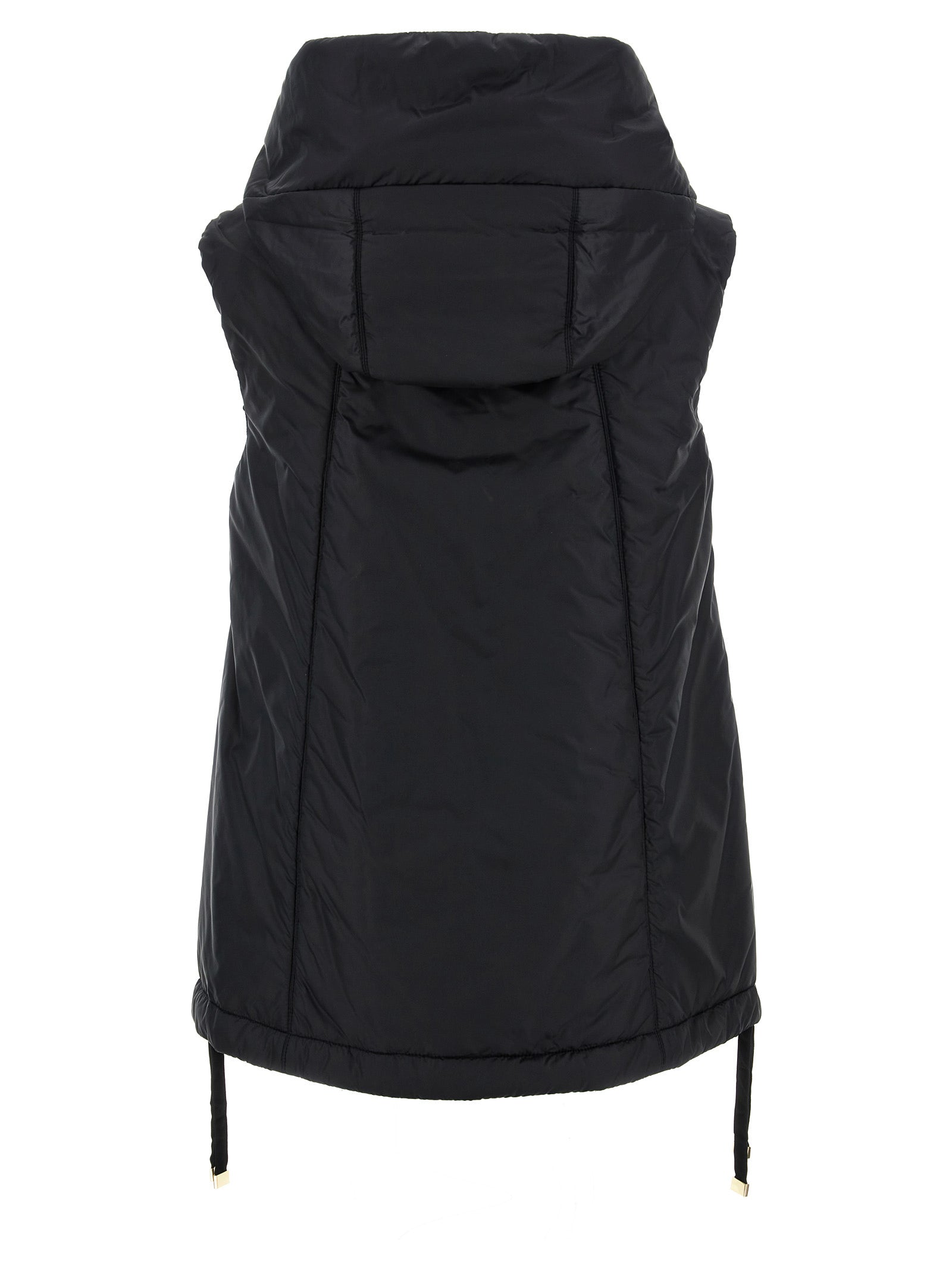 Hooded Vest by Max Mara for women in faux leather & canvas black, gold & monogram showcases a dynamic silhouette, perfectly balancing pockets & hooded with a dynamic hooded neckline for a sophisticated, high-fashion look.