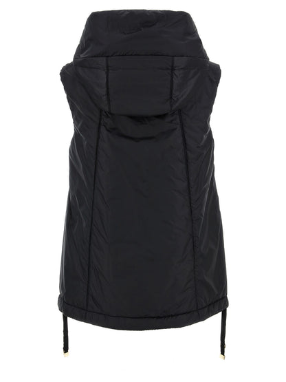 Hooded Vest by Max Mara for women in faux leather & canvas black, gold & monogram showcases a dynamic silhouette, perfectly balancing pockets & hooded with a dynamic hooded neckline for a sophisticated, high-fashion look.