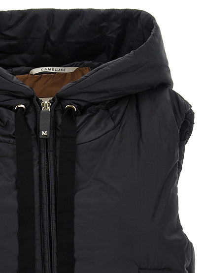 Hooded Vest by Max Mara for women in faux leather & canvas black, gold & monogram showcases a utilitarian silhouette, artfully incorporating pockets & hooded and a utilitarian hooded neckline for a truly utilitarian finish.