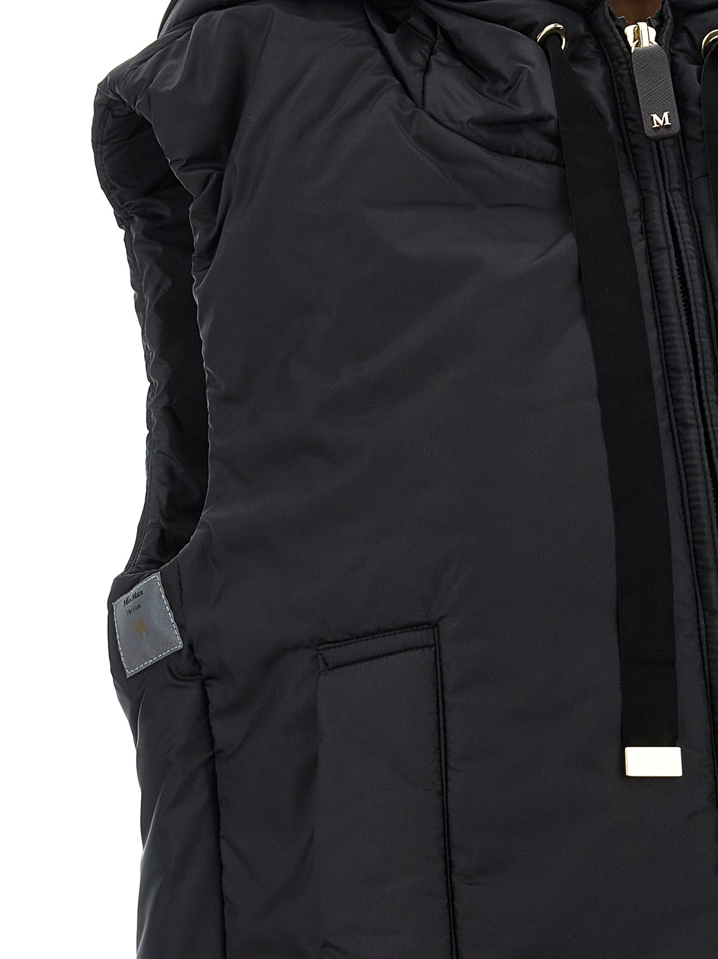 Hooded Vest by Max Mara for women in faux leather & canvas black, gold & monogram features an contemporary silhouette, showcasing refined pockets & hooded and a contemporary for a sophisticated layered look.