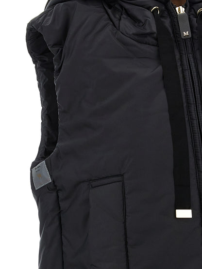 Hooded Vest by Max Mara for women in faux leather & canvas black, gold & monogram features an contemporary silhouette, showcasing refined pockets & hooded and a contemporary for a sophisticated layered look.