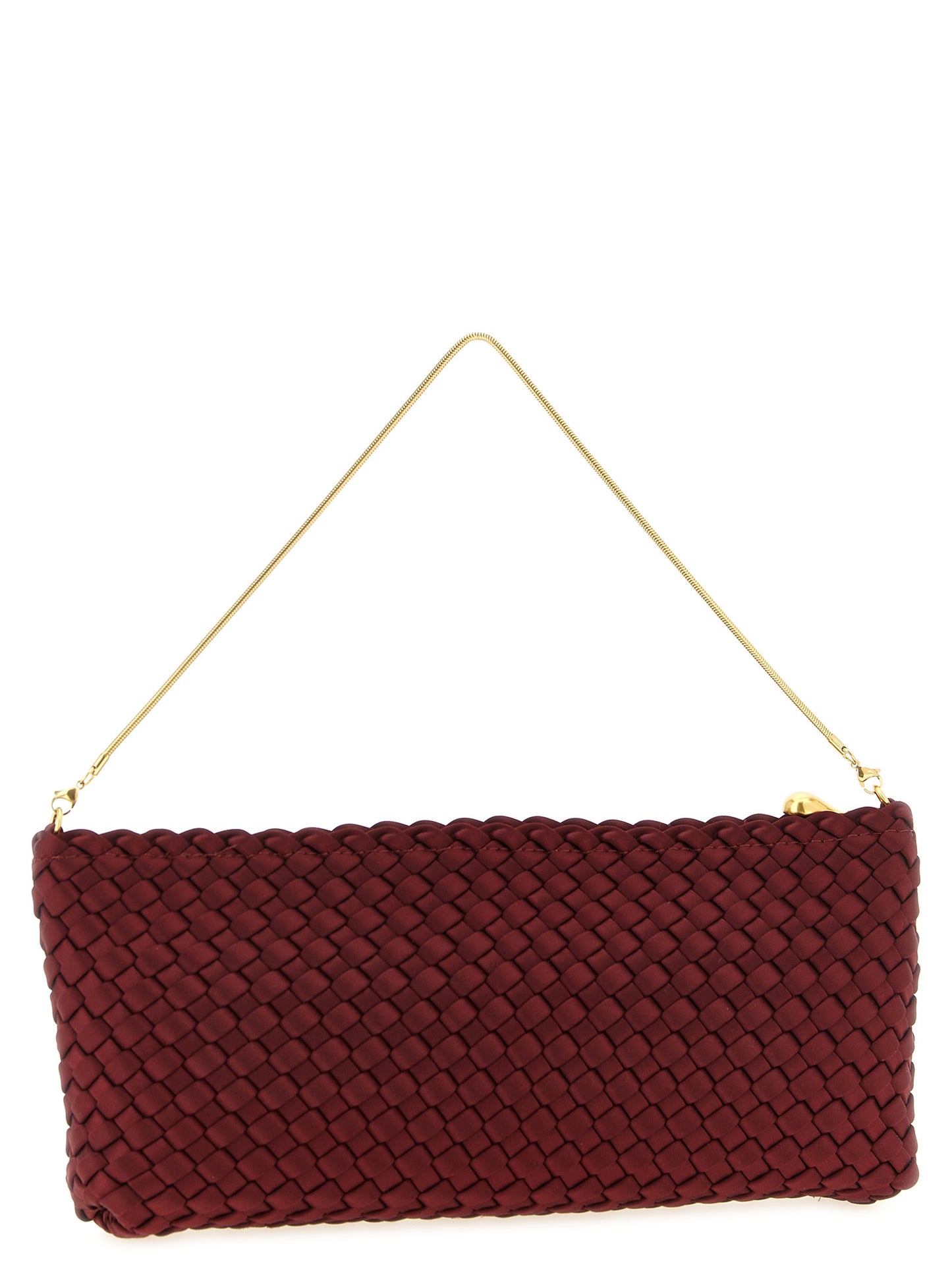 Bowling Baguette Clutch Handbag by NAGHEDI for women in plush polyester satin & silk gold, multicolor & red features a sculptural silhouette with a secure zipper, ample , and versatile shoulder-strap for a sculptural finish.
