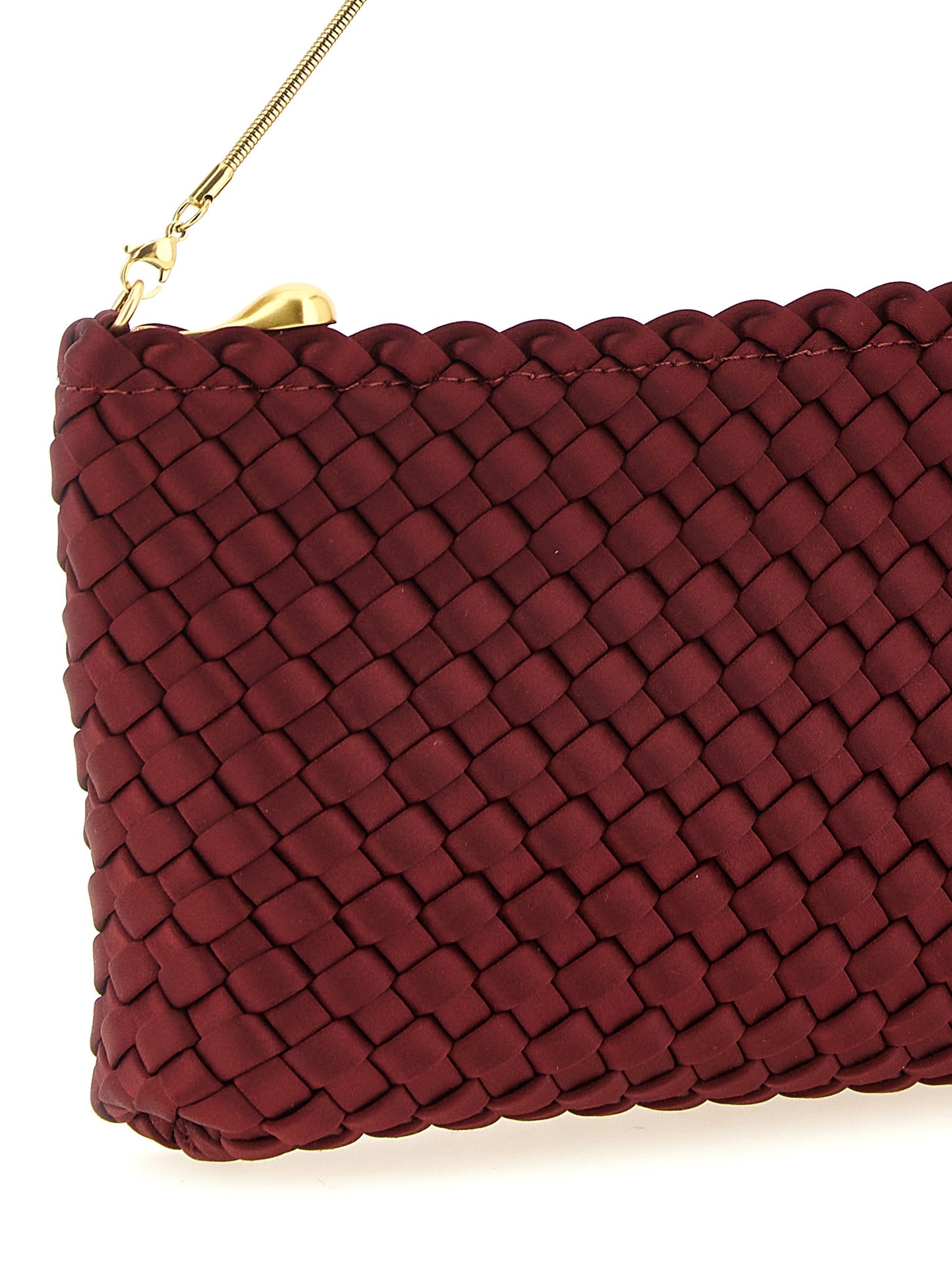 Bowling Baguette Clutch Handbag by NAGHEDI for women in plush polyester satin & silk gold, multicolor & red features a architectural silhouette, showcasing a secure zipper, ample , and versatile shoulder-strap for a architectural finish.