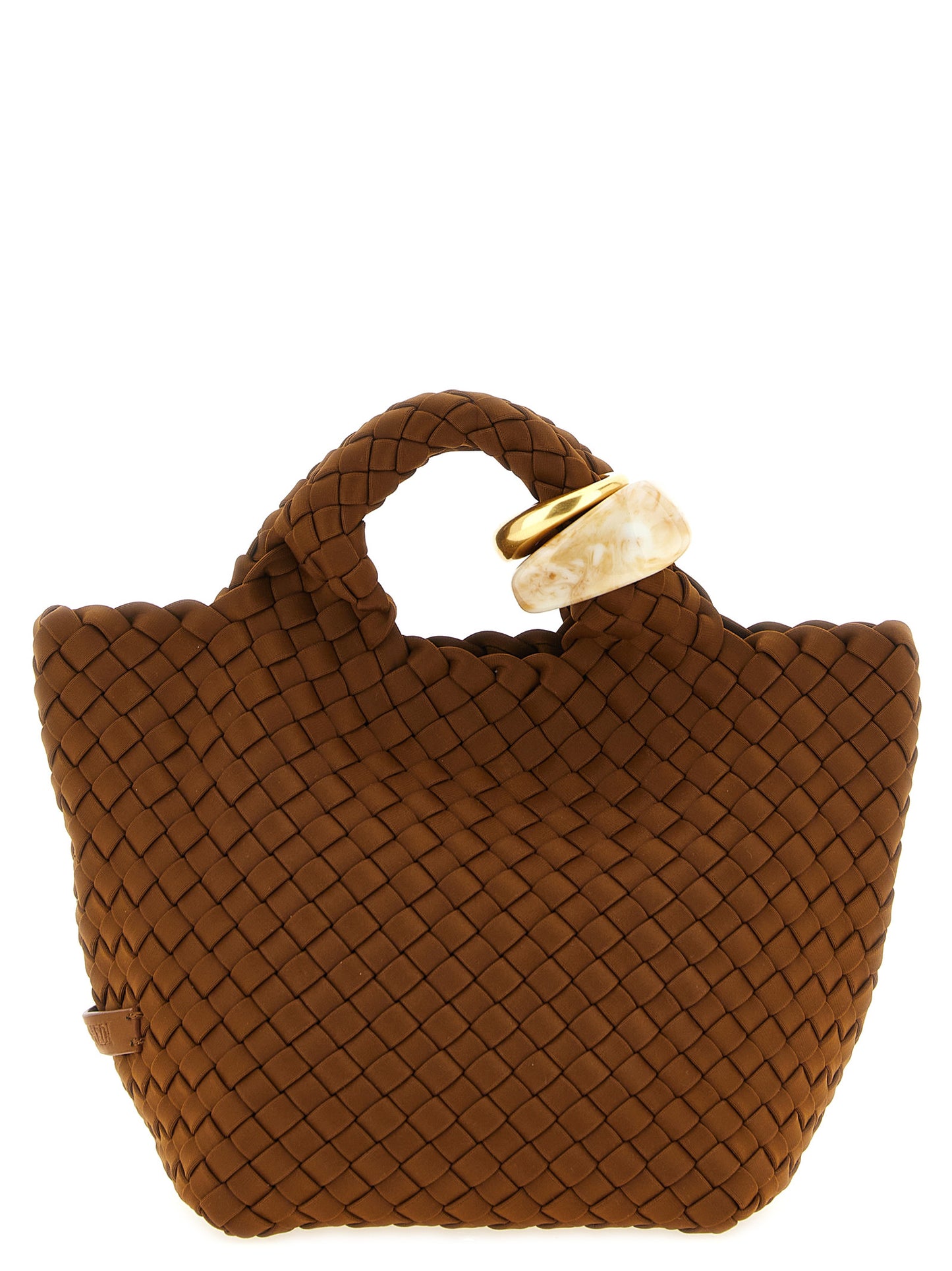 This Small Clutch Handbag by NAGHEDI for women in leather & neoprene and brown presents a sculptural silhouette featuring a secure , ample , and versatile shoulder-strap & handle for a sculptural finish.