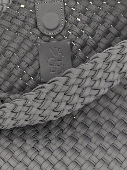 Evening Frame Clutch Shoulder Bag by NAGHEDI for women in nylon & neoprene gray, navy & signature features a distinguished silhouette, showcasing a secure magnetic and distinguished with versatile shoulder-strap & handle for a distinguished finish.