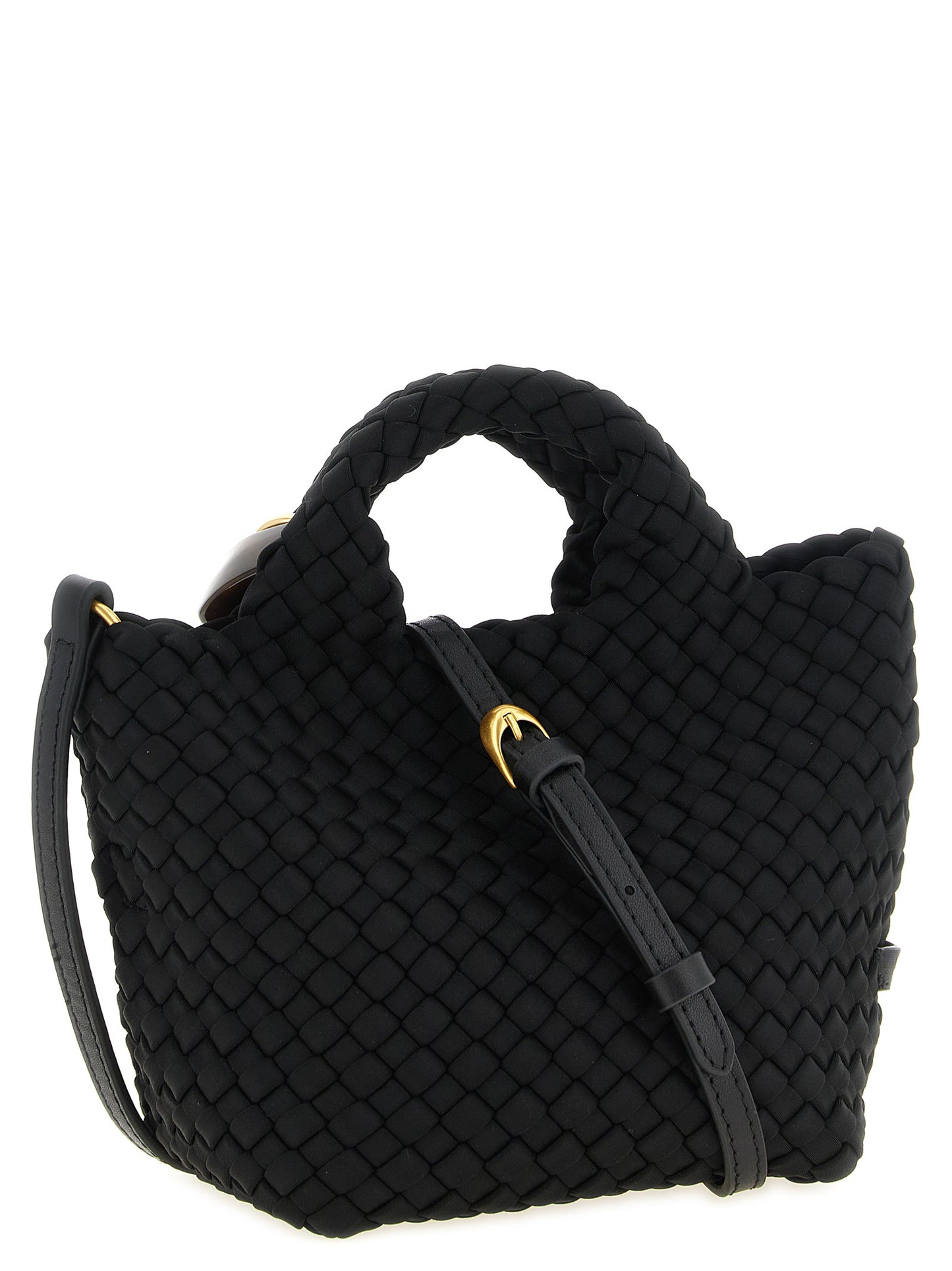 Small Clutch Handbag by NAGHEDI for women in nylon neoprene & nappa leather black & gold features a contemporary silhouette, showcasing a secure zipper, ample , and contemporary shoulder-strap for a sophisticated look.