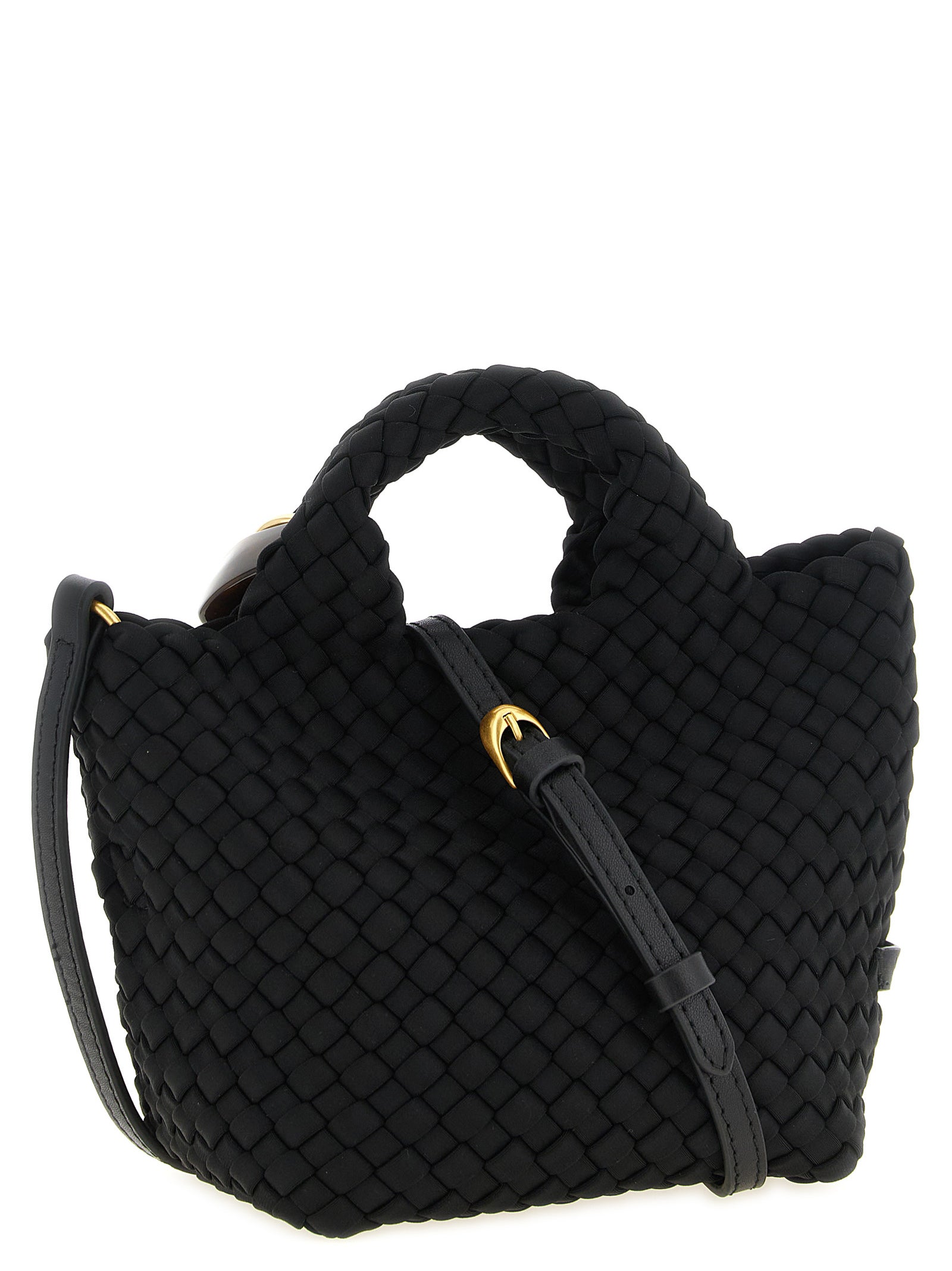 Small Clutch Handbag by NAGHEDI for women in nylon neoprene & nappa leather black & gold features a contemporary silhouette, showcasing a secure zipper, ample , and contemporary shoulder-strap for a sophisticated look.