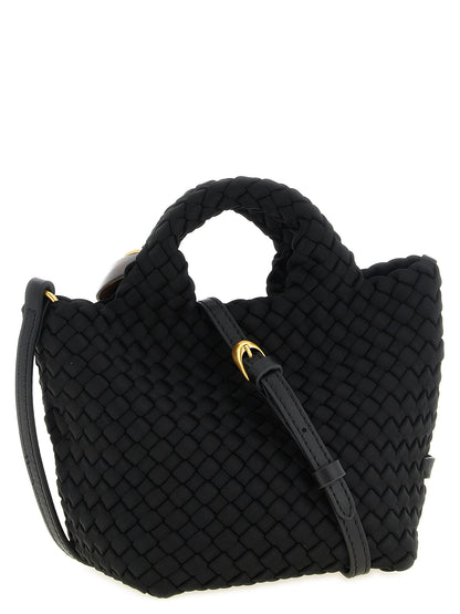 Small Clutch Handbag by NAGHEDI for women in nylon neoprene & nappa leather black & gold features a contemporary silhouette, showcasing a secure zipper, ample , and contemporary shoulder-strap for a sophisticated look.