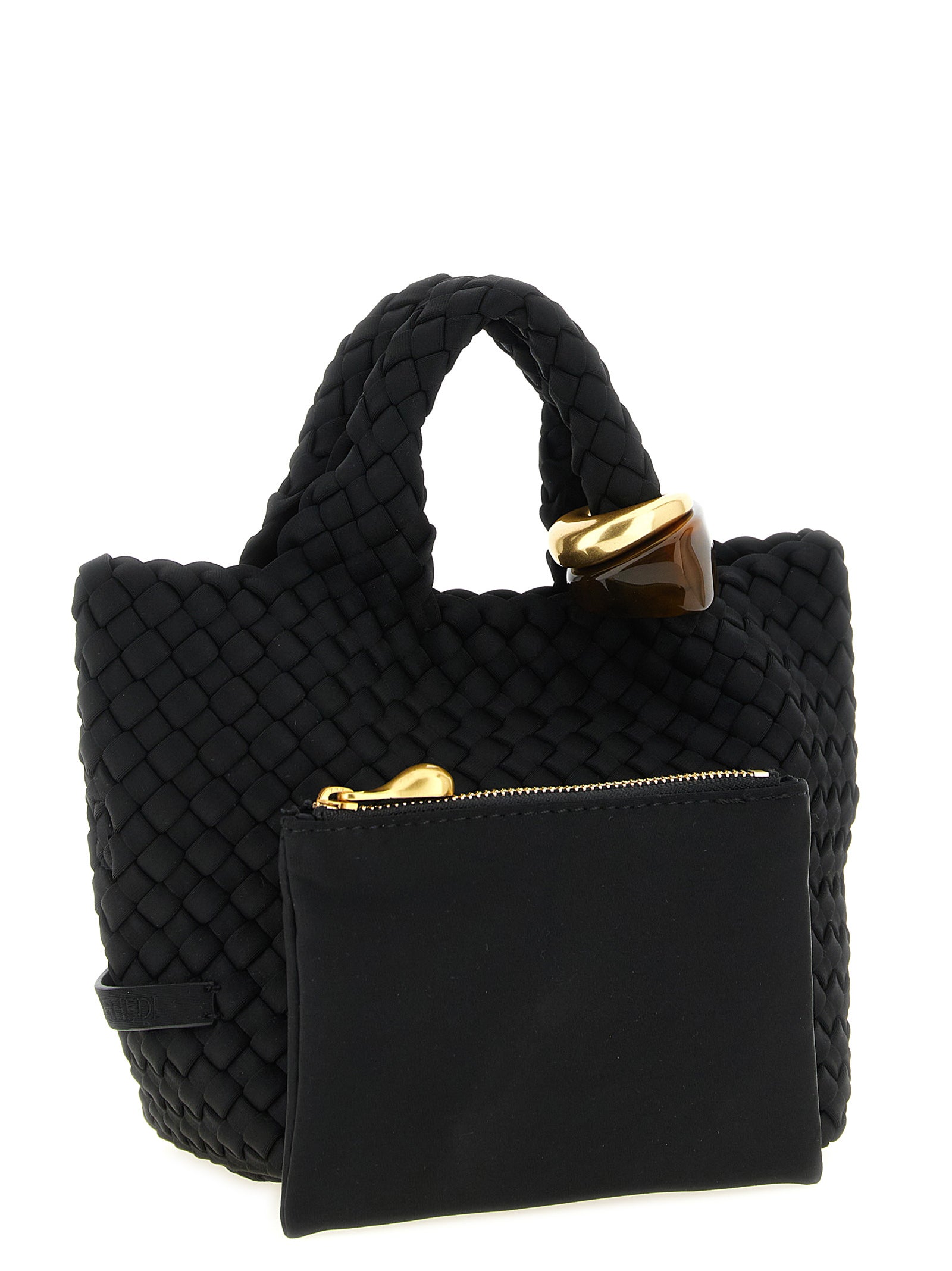 Small Clutch Handbag by NAGHEDI for women in nylon neoprene & nappa leather black & gold features a signature silhouette, showcasing a secure zipper and signature with versatile shoulder-strap for a sophisticated look.