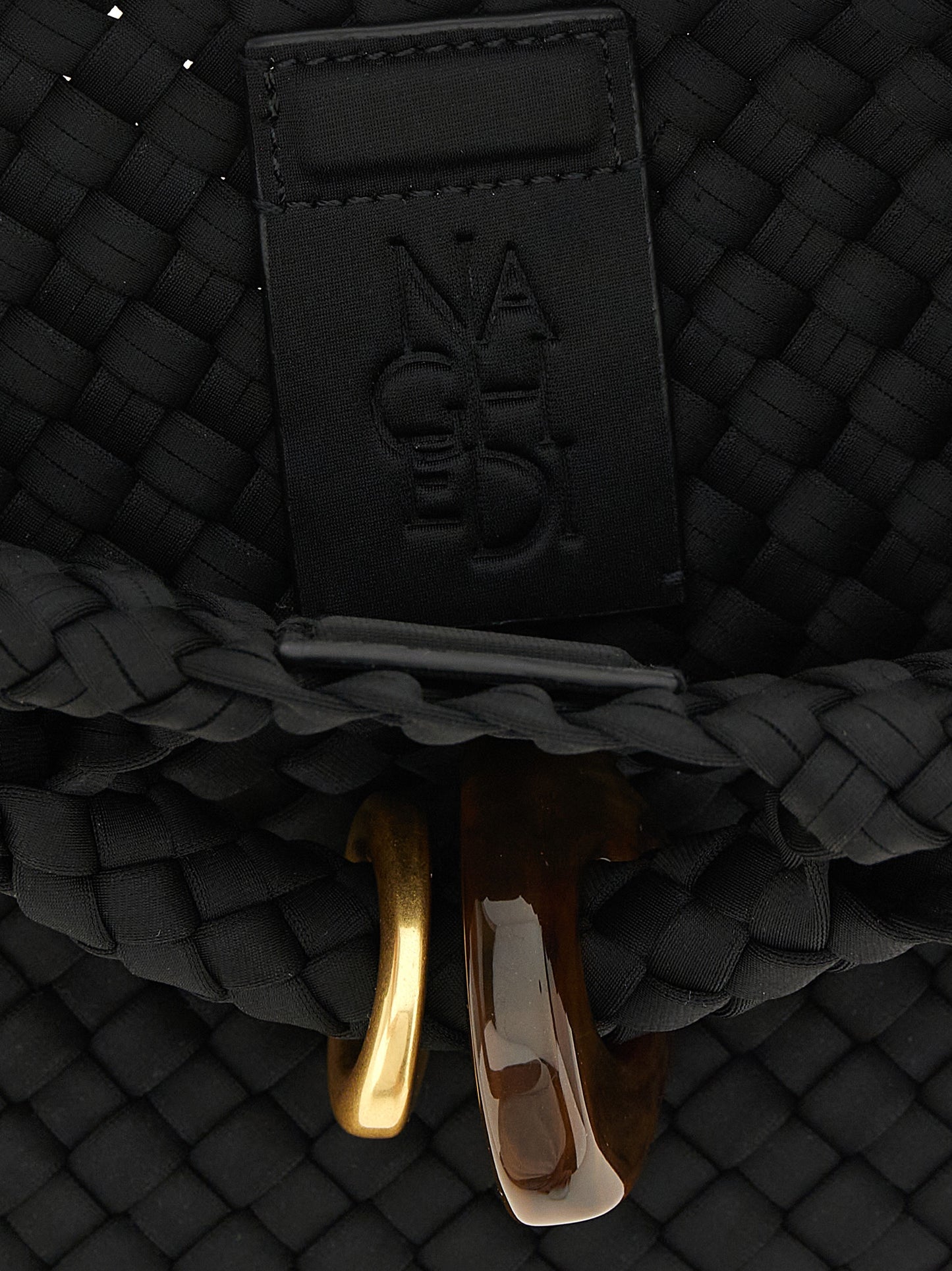 Small Clutch Handbag by NAGHEDI for women in nylon neoprene & nappa leather black & gold features an refined silhouette, showcasing a secure zipper, ample , and versatile shoulder-strap for a sophisticated refined aesthetic.