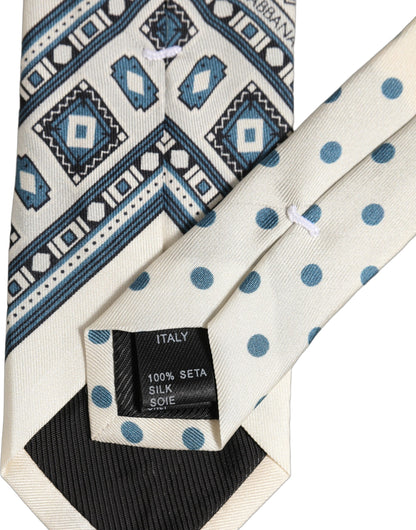 Dolce & Gabbana Men Off White Blue Geometric Adjustable Tied Necktie Tie