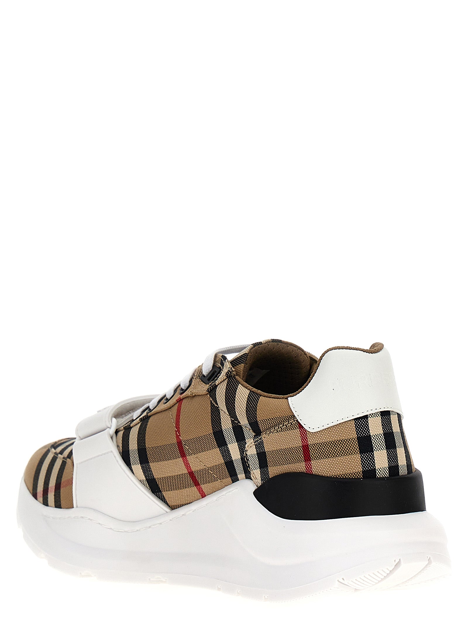 Athletic Sneakers by Burberry for men in suede calf leather & cotton beige & print presents a sleek silhouette, perfectly capturing the athletic style essence of Men's Athletic Suede Calf Leather & Cotton Sneakers with its sleek design and premium finish.
