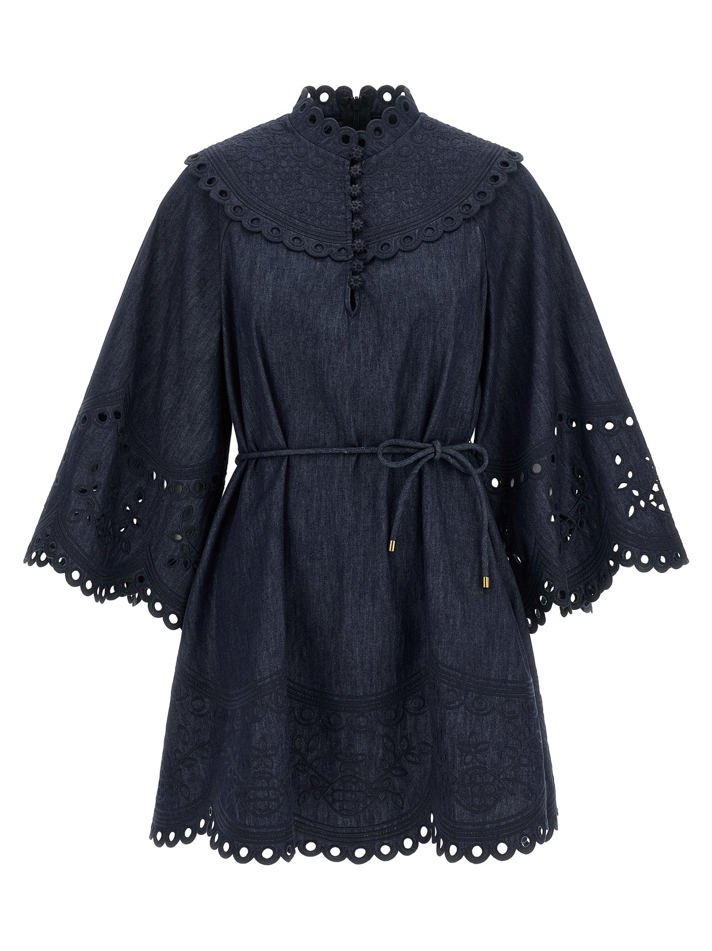 Dress by Zimmermann for women in denim cotton blue features an eye catching silhouette with a sophisticated high-neck neckline, elegant three-quarter-sleeve, and a refined short mini for a eye catching aesthetic.