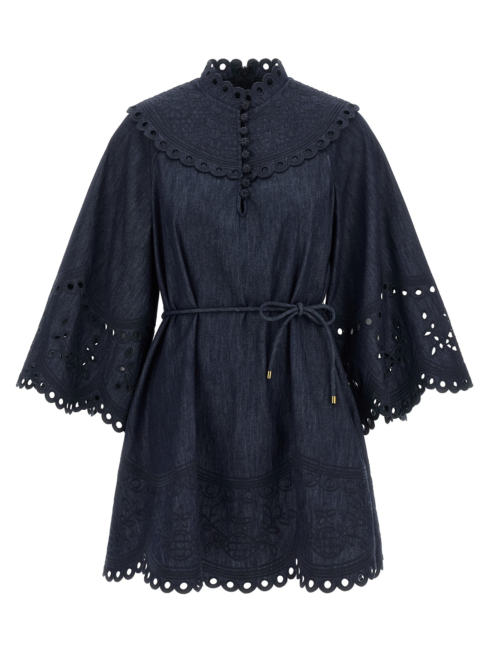 Dress by Zimmermann for women in denim cotton blue features an eye catching silhouette with a sophisticated high-neck neckline, elegant three-quarter-sleeve, and a refined short mini for a eye catching aesthetic.