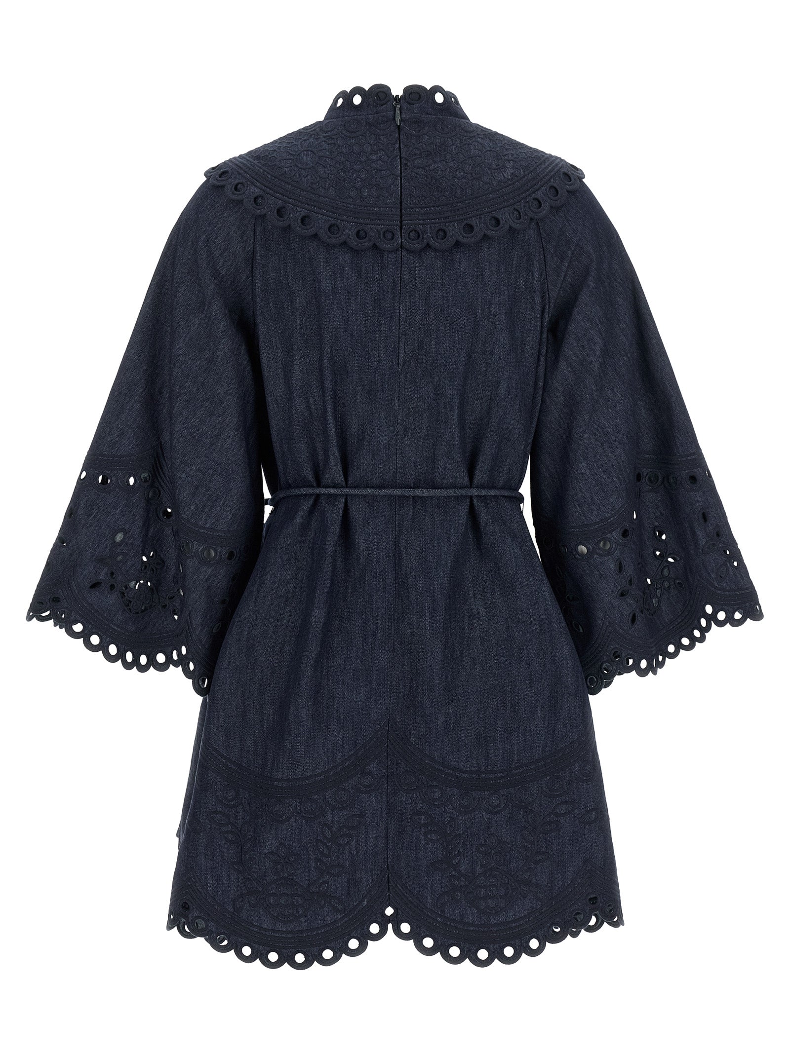 Dress by Zimmermann for women in denim cotton blue presents a sinuous silhouette, showcasing a sophisticated high-neck neckline and detailed with a sinuous short mini for a refined finish.