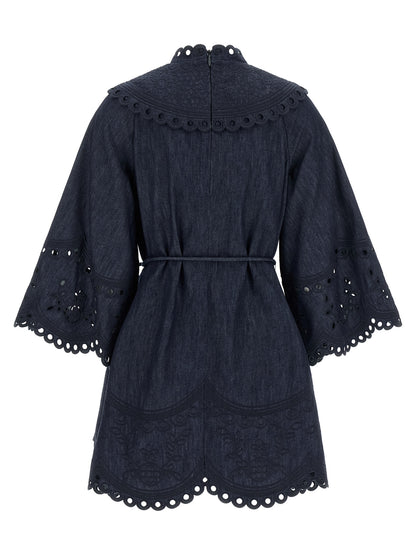 Dress by Zimmermann for women in denim cotton blue presents a sinuous silhouette, showcasing a sophisticated high-neck neckline and detailed with a sinuous short mini for a refined finish.