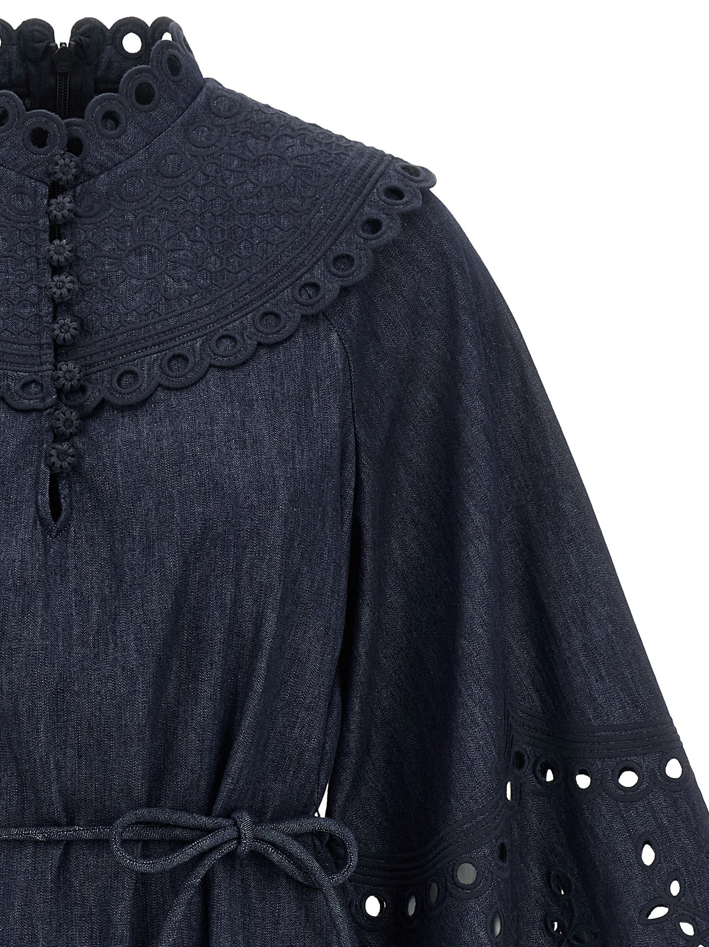 Dress by Zimmermann for women in denim cotton blue features an magnificent silhouette, artfully detailed with a magnificent high-neck neckline and that flows into an magnificent short mini.