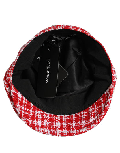 Dolce & Gabbana Red White Tweed Textured Baker Boy Capello Hat