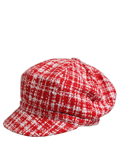 Dolce & Gabbana Red White Tweed Textured Baker Boy Capello Hat