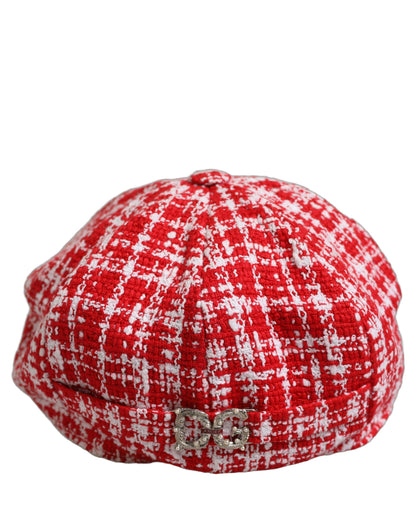 Dolce & Gabbana Red White Tweed Textured Baker Boy Capello Hat