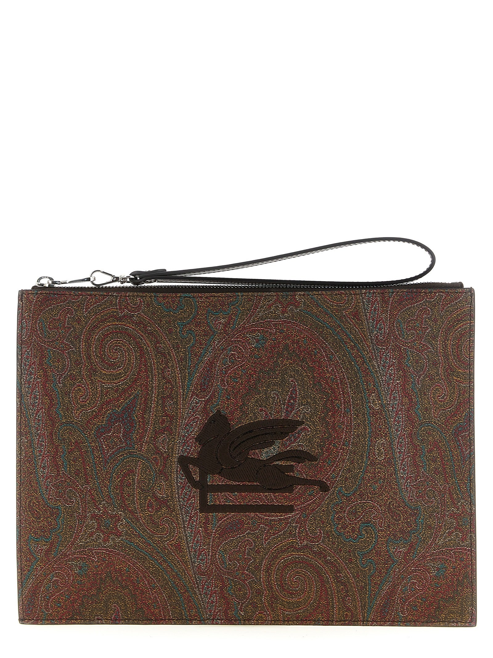 Large Shoulder Flap Clutch Handbag by Etro for unisex in poly cotton & calfskin leather bicolour, brown, green, paisley, jacquard & signature showcases a sculptural silhouette, featuring a secure snap, flap & zipper, ample , and versatile shoulder-strap, wristlet, adjustable-strap, detachable-strap & handle for a sculptural aesthetic.