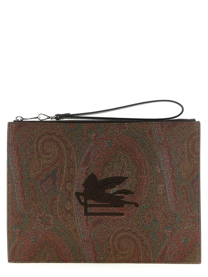 Large Shoulder Flap Clutch Handbag by Etro for unisex in poly cotton & calfskin leather bicolour, brown, green, paisley, jacquard & signature showcases a sculptural silhouette, featuring a secure snap, flap & zipper, ample , and versatile shoulder-strap, wristlet, adjustable-strap, detachable-strap & handle for a sculptural aesthetic.