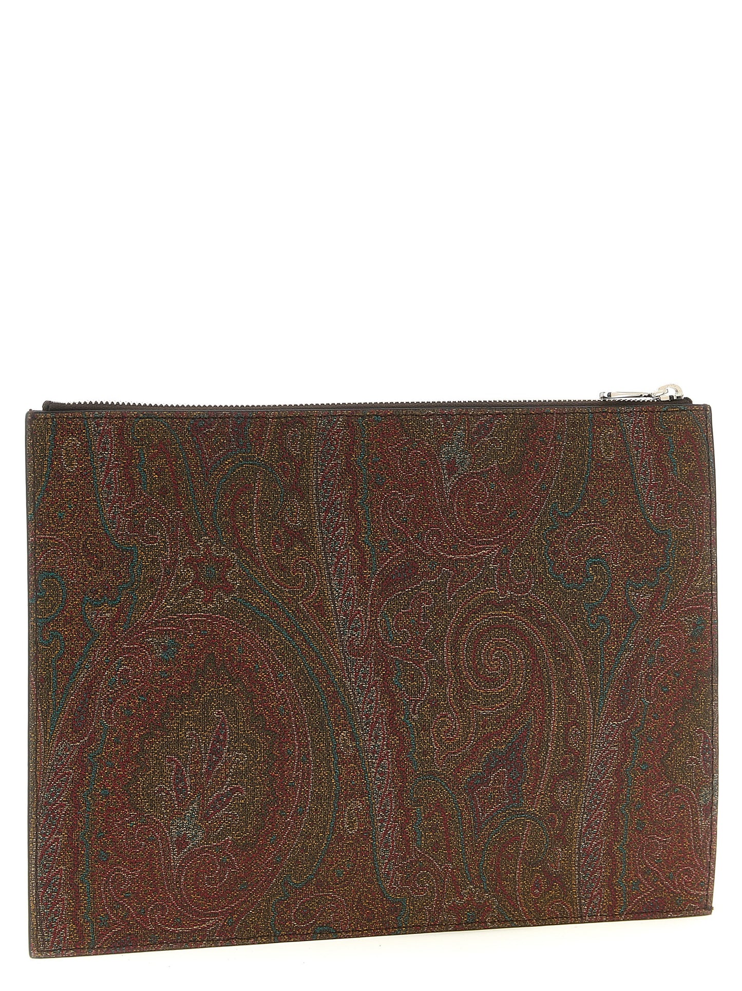Large Shoulder Flap Clutch Handbag by Etro for unisex in poly cotton & calfskin leather bicolour, brown, green, paisley, jacquard & signature features a architectural silhouette, showcasing a secure snap, flap & zipper, ample , and versatile shoulder-strap, wristlet, adjustable-strap, detachable-strap & handle for a architectural finish.