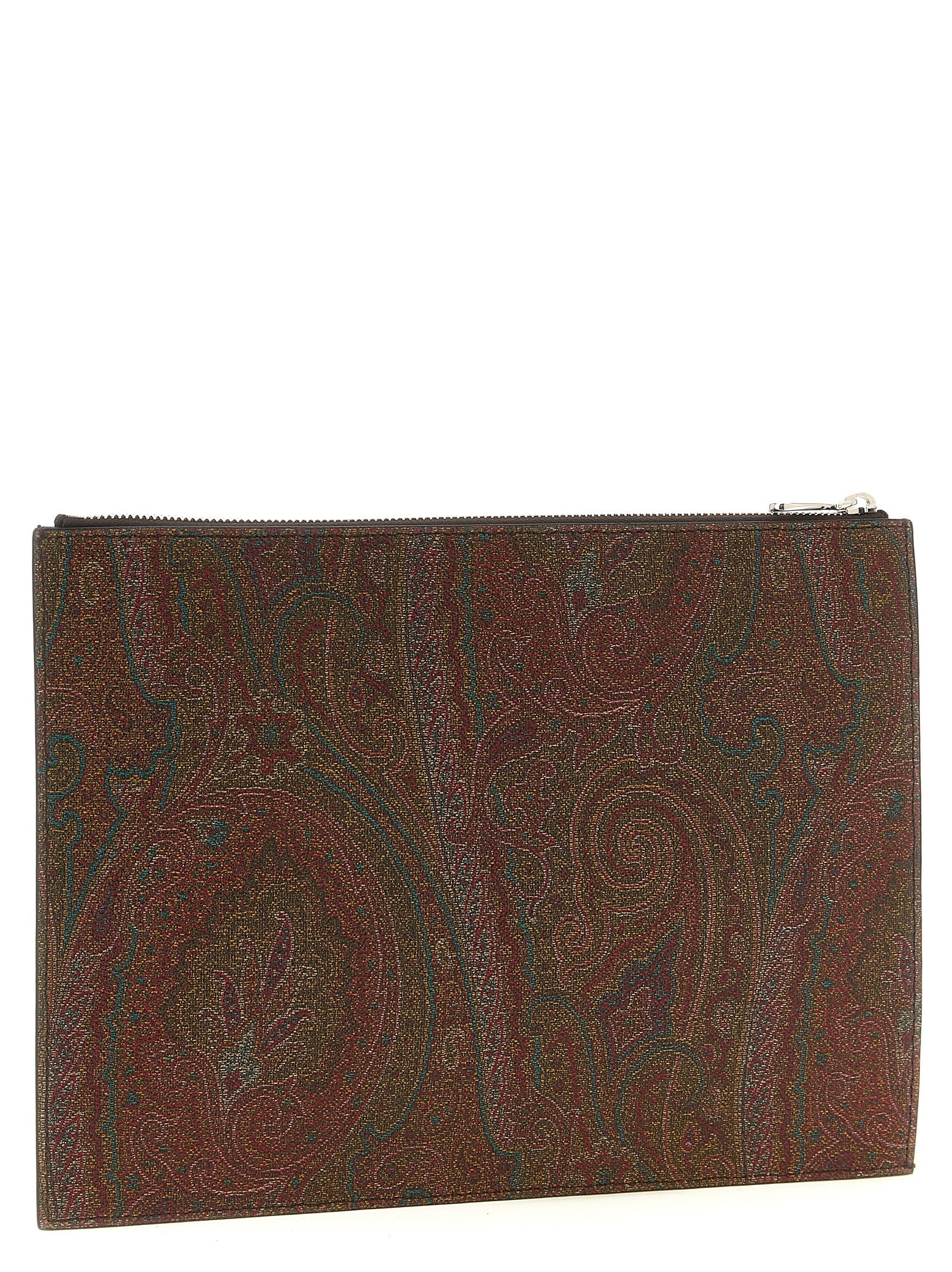 Large Shoulder Flap Clutch Handbag by Etro for unisex in poly cotton & calfskin leather bicolour, brown, green, paisley, jacquard & signature features a architectural silhouette, showcasing a secure snap, flap & zipper, ample , and versatile shoulder-strap, wristlet, adjustable-strap, detachable-strap & handle for a architectural finish.