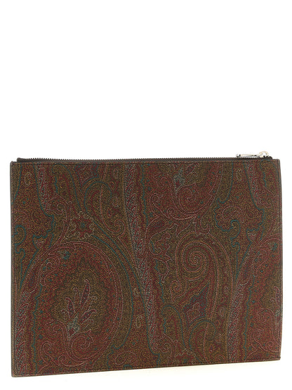 Large Shoulder Flap Clutch Handbag by Etro for unisex in poly cotton & calfskin leather bicolour, brown, green, paisley, jacquard & signature features a architectural silhouette, showcasing a secure snap, flap & zipper, ample , and versatile shoulder-strap, wristlet, adjustable-strap, detachable-strap & handle for a architectural finish.
