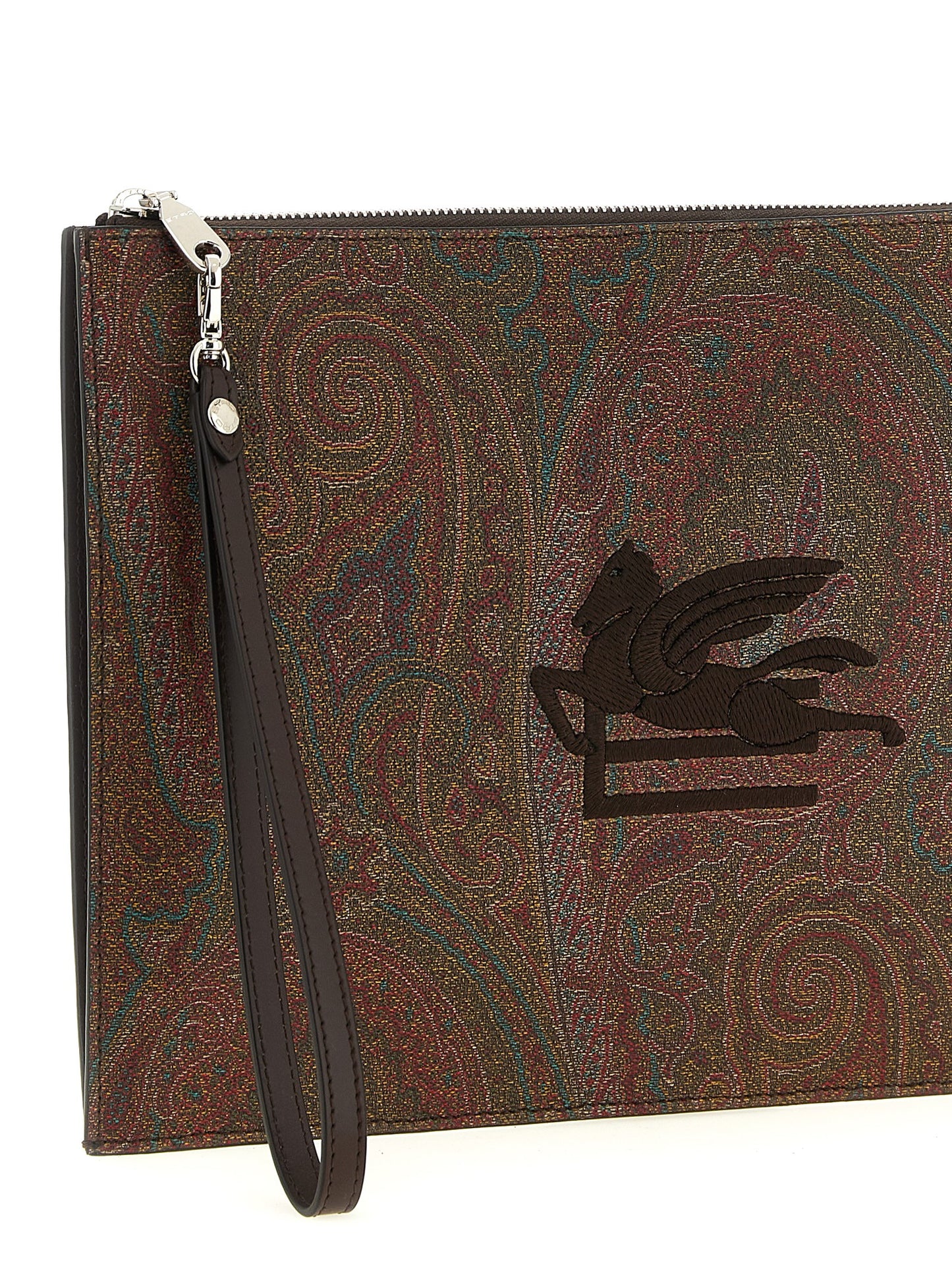 Large Shoulder Flap Clutch Handbag by Etro for unisex in poly cotton & calfskin leather bicolour, brown, green, paisley, jacquard & signature features an sculptural silhouette, showcasing a secure snap, flap & zipper and sculptural with versatile shoulder-strap, wristlet, adjustable-strap, detachable-strap & handle for a sophisticated look.