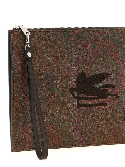 Large Shoulder Flap Clutch Handbag by Etro for unisex in poly cotton & calfskin leather bicolour, brown, green, paisley, jacquard & signature features an sculptural silhouette, showcasing a secure snap, flap & zipper and sculptural with versatile shoulder-strap, wristlet, adjustable-strap, detachable-strap & handle for a sophisticated look.