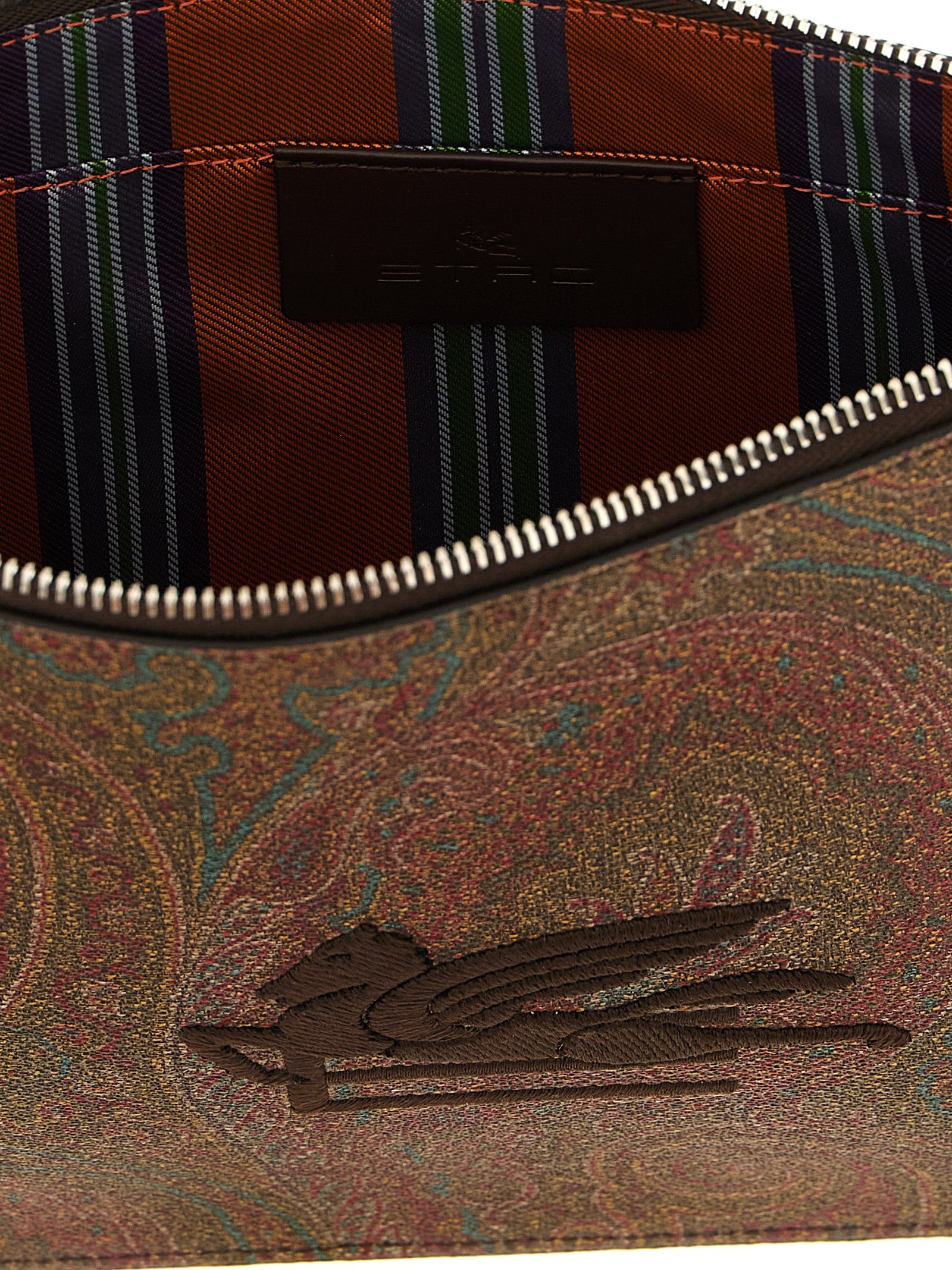 Large Shoulder Flap Clutch Handbag by Etro for unisex in poly cotton & calfskin leather bicolour, brown, green, paisley, jacquard & signature features a sculptural silhouette with a secure snap, flap & zipper, ample , and versatile shoulder-strap, wristlet, adjustable-strap, detachable-strap & handle for a sculptural finish.