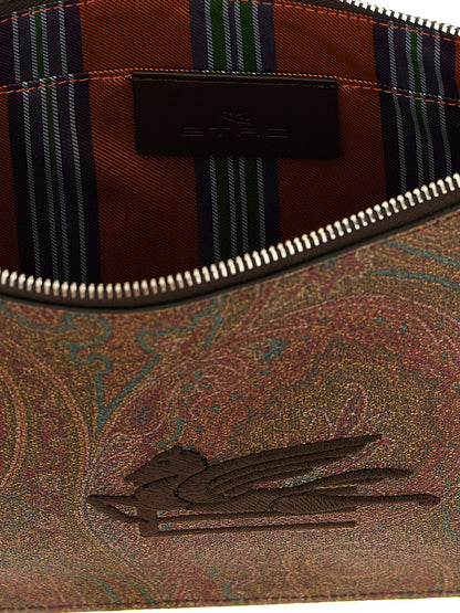 Large Shoulder Flap Clutch Handbag by Etro for unisex in poly cotton & calfskin leather bicolour, brown, green, paisley, jacquard & signature features a sculptural silhouette with a secure snap, flap & zipper, ample , and versatile shoulder-strap, wristlet, adjustable-strap, detachable-strap & handle for a sculptural finish.