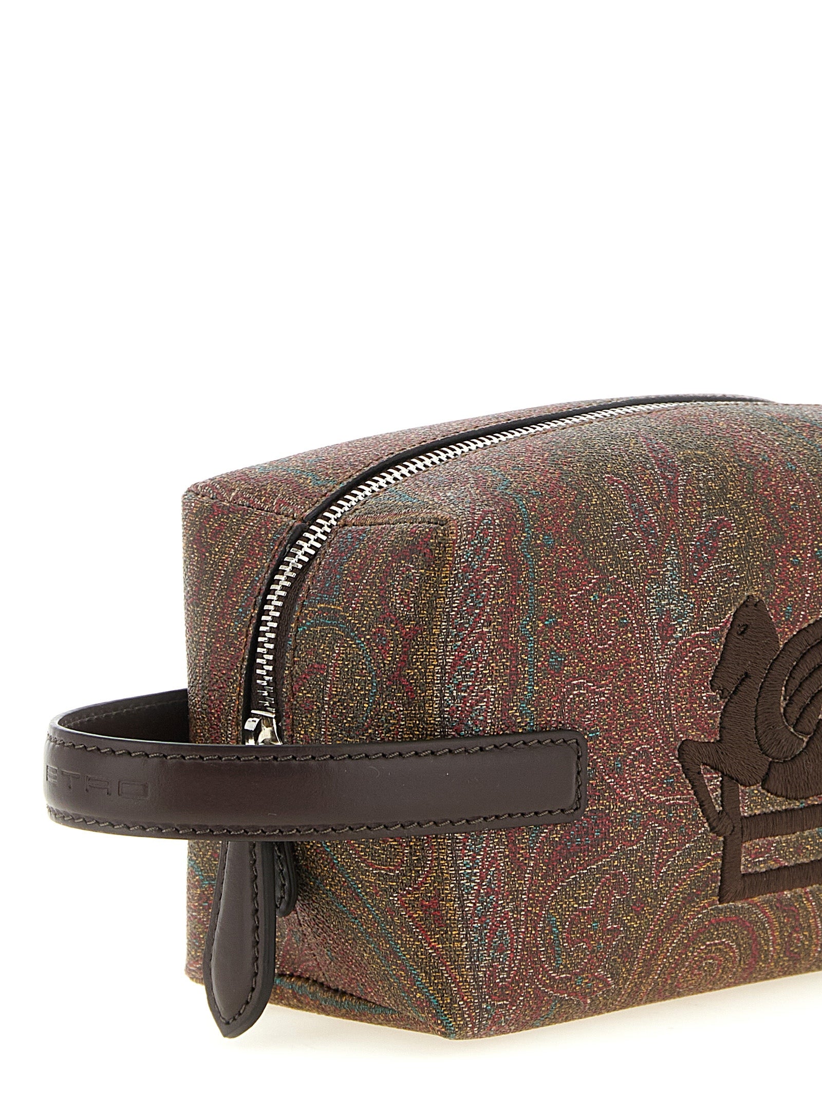 Small Toiletry Bag by Etro for men in polyester cotton & embossed leather brown, paisley, jacquard & striped features an chic Arnica Essence Pegaso Polyester Cotton & Embossed Leather Small Toiletry Bag design with a secure zipper, chic , and versatile handle.
