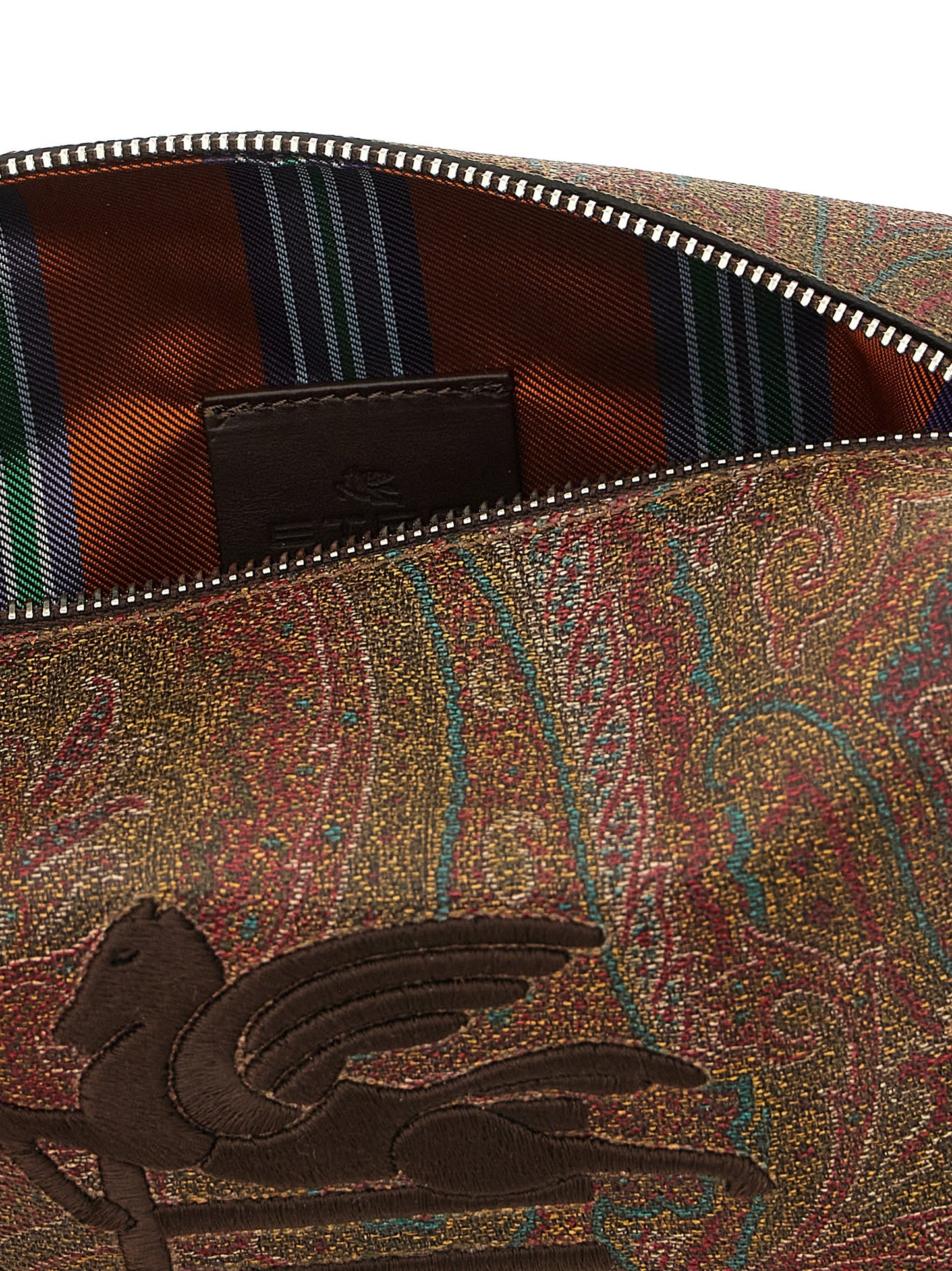 Small Toiletry Bag by Etro for men in polyester cotton & embossed leather brown, paisley, jacquard & striped features a unassuming Arnica Essence Pegaso Polyester Cotton & Embossed Leather Small Toiletry Bag design with a secure zipper, organized , and versatile handle for travel.