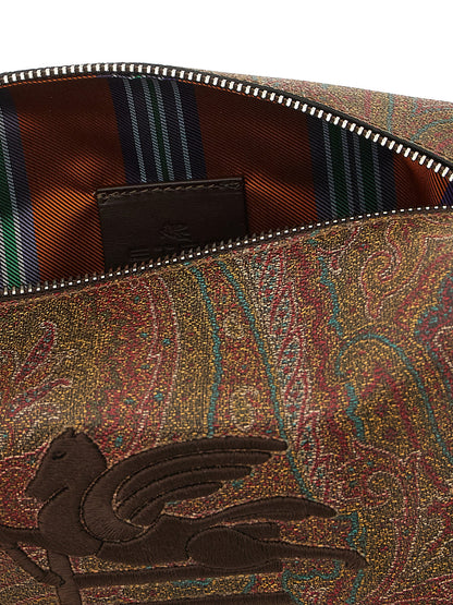 Small Toiletry Bag by Etro for men in polyester cotton & embossed leather brown, paisley, jacquard & striped features a unassuming Arnica Essence Pegaso Polyester Cotton & Embossed Leather Small Toiletry Bag design with a secure zipper, organized , and versatile handle for travel.