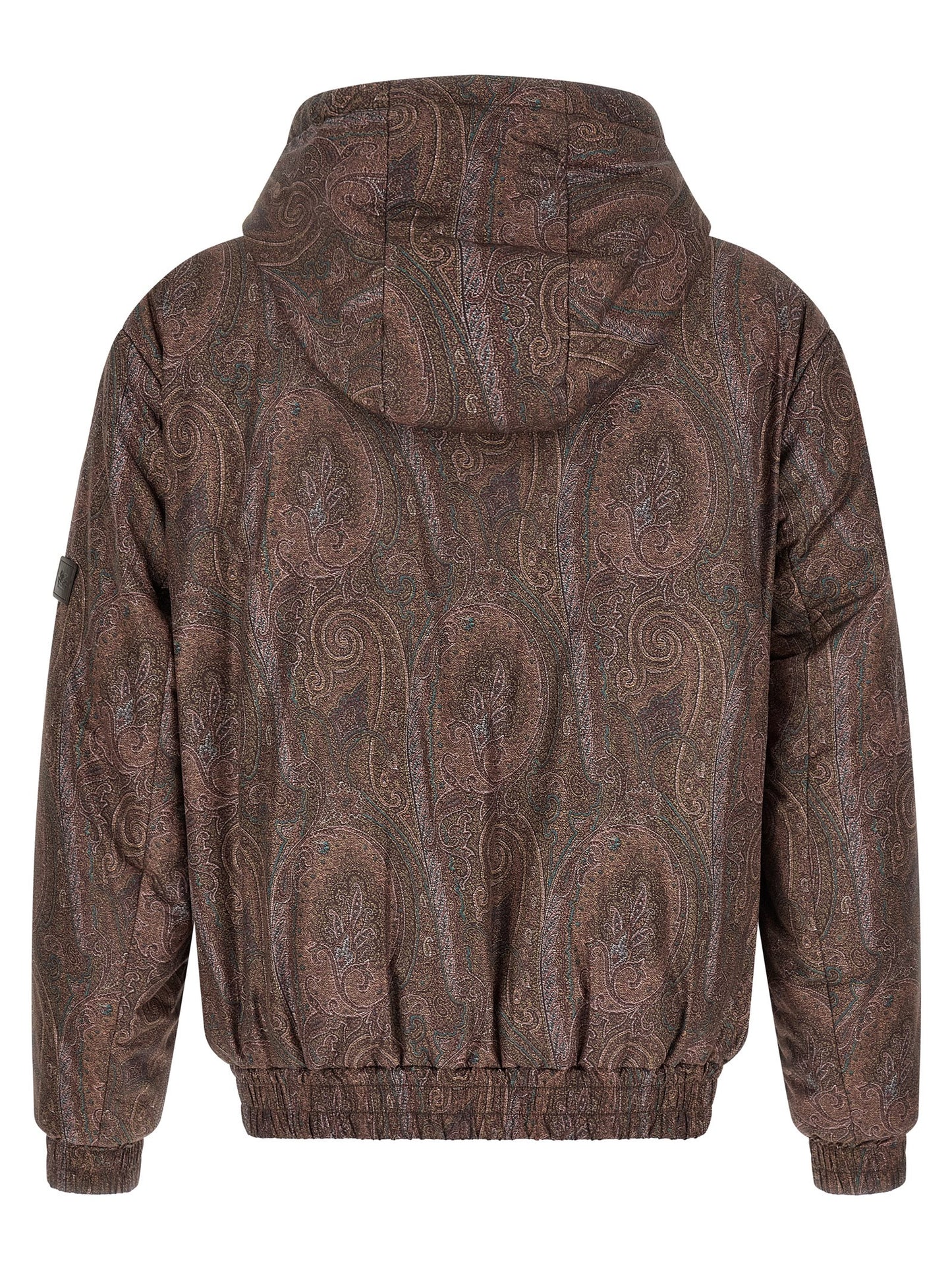 Hooded Bomber Jacket by Etro for men in polyester brown, patterned & paisley features a dramatic silhouette, showcasing a sophisticated hooded neckline and distinctive hooded for a dramatic aesthetic.