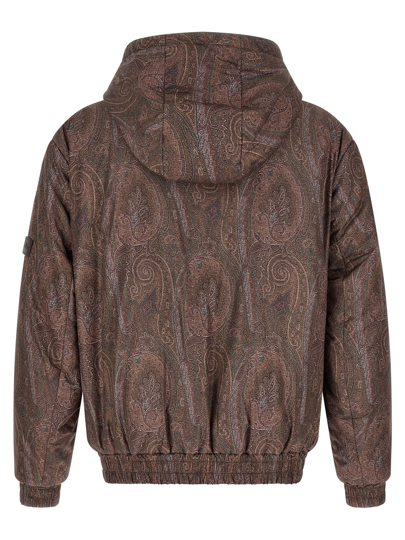 Hooded Bomber Jacket by Etro for men in polyester brown, patterned & paisley features a dramatic silhouette, showcasing a sophisticated hooded neckline and distinctive hooded for a dramatic aesthetic.