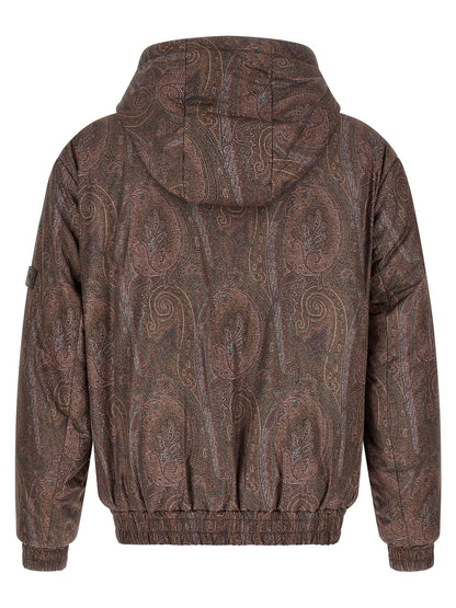 Hooded Bomber Jacket by Etro for men in polyester brown, patterned & paisley features a dramatic silhouette, showcasing a sophisticated hooded neckline and distinctive hooded for a dramatic aesthetic.