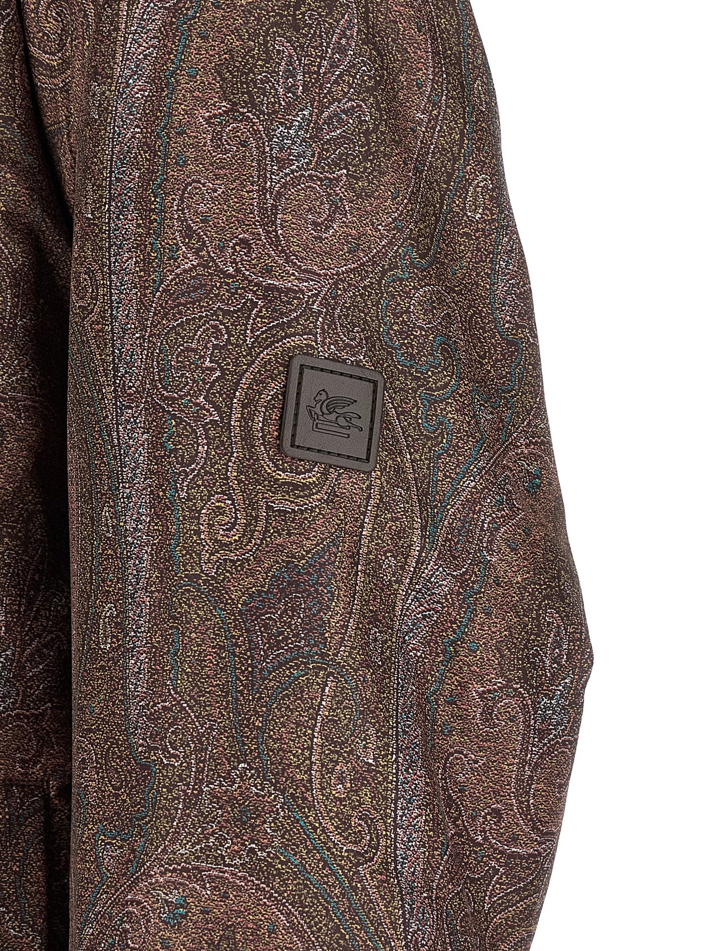 Hooded Bomber Jacket by Etro for men in polyester brown, patterned & paisley showcases a bohemian silhouette, artfully detailed with a bohemian and signature hooded for a truly bohemian finish.
