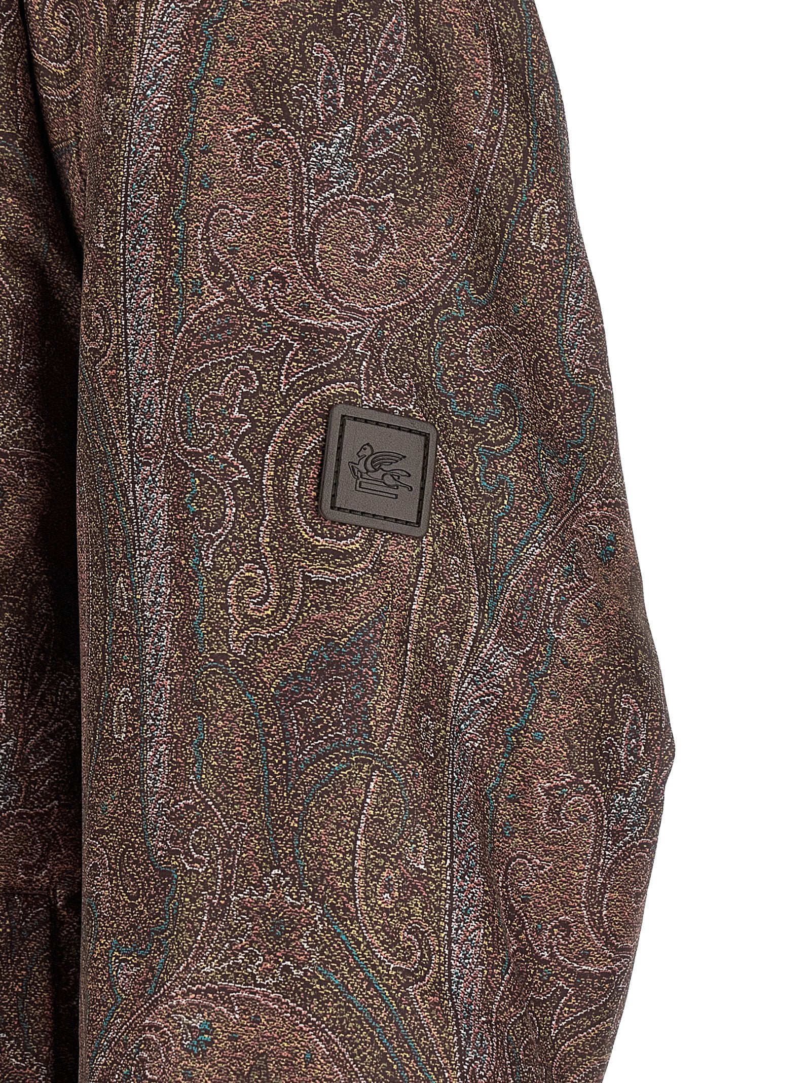 Hooded Bomber Jacket by Etro for men in polyester brown, patterned & paisley showcases a bohemian silhouette, artfully detailed with a bohemian and signature hooded for a truly bohemian finish.
