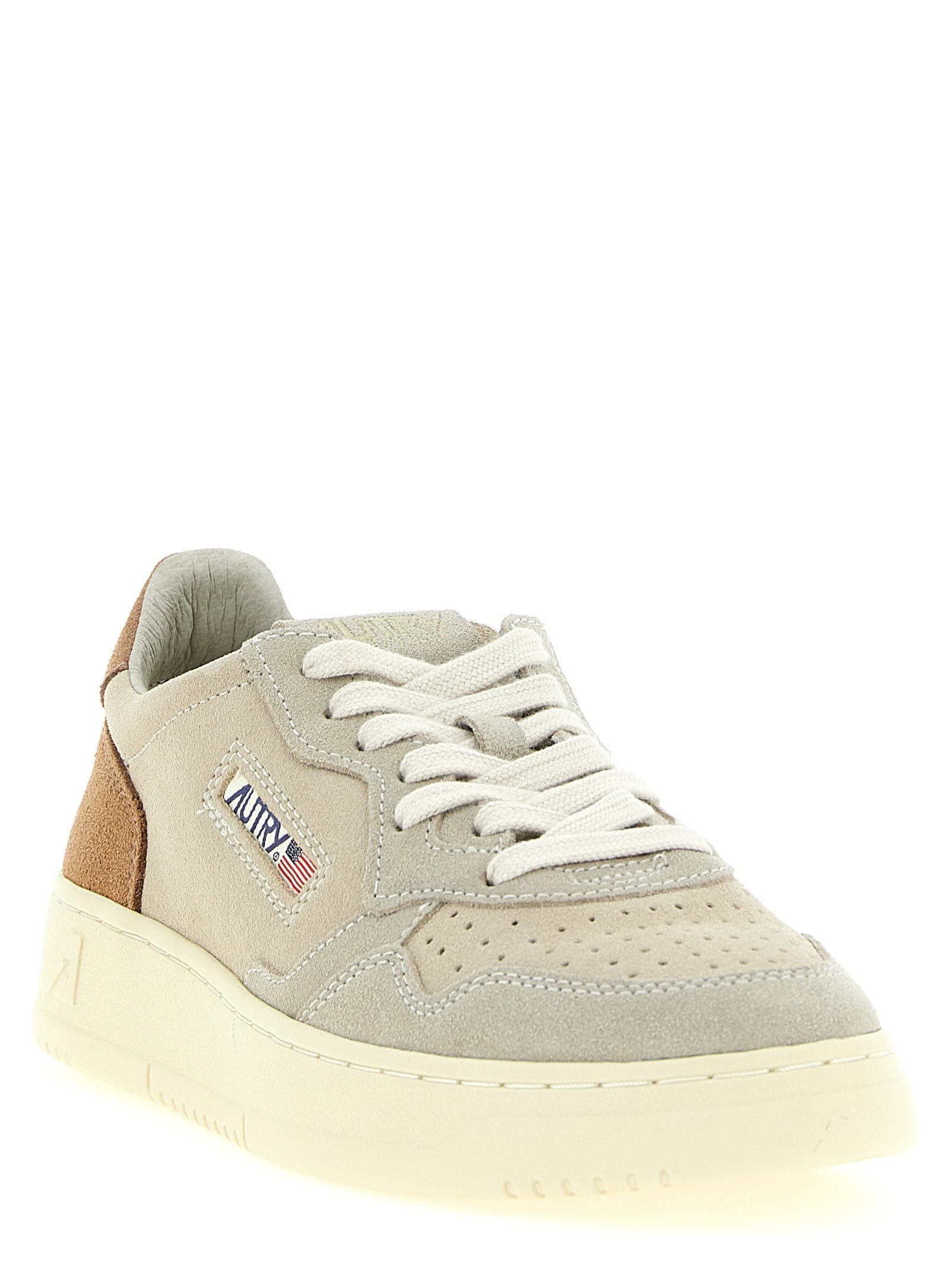 Athletic Sneakers by Autry for men in suede leather brown, cream & multicolor features an effortless chic silhouette, showcasing the signature athletic style of the Men's Athletic Suede Leather Sneakers collection with a truly effortless chic finish.