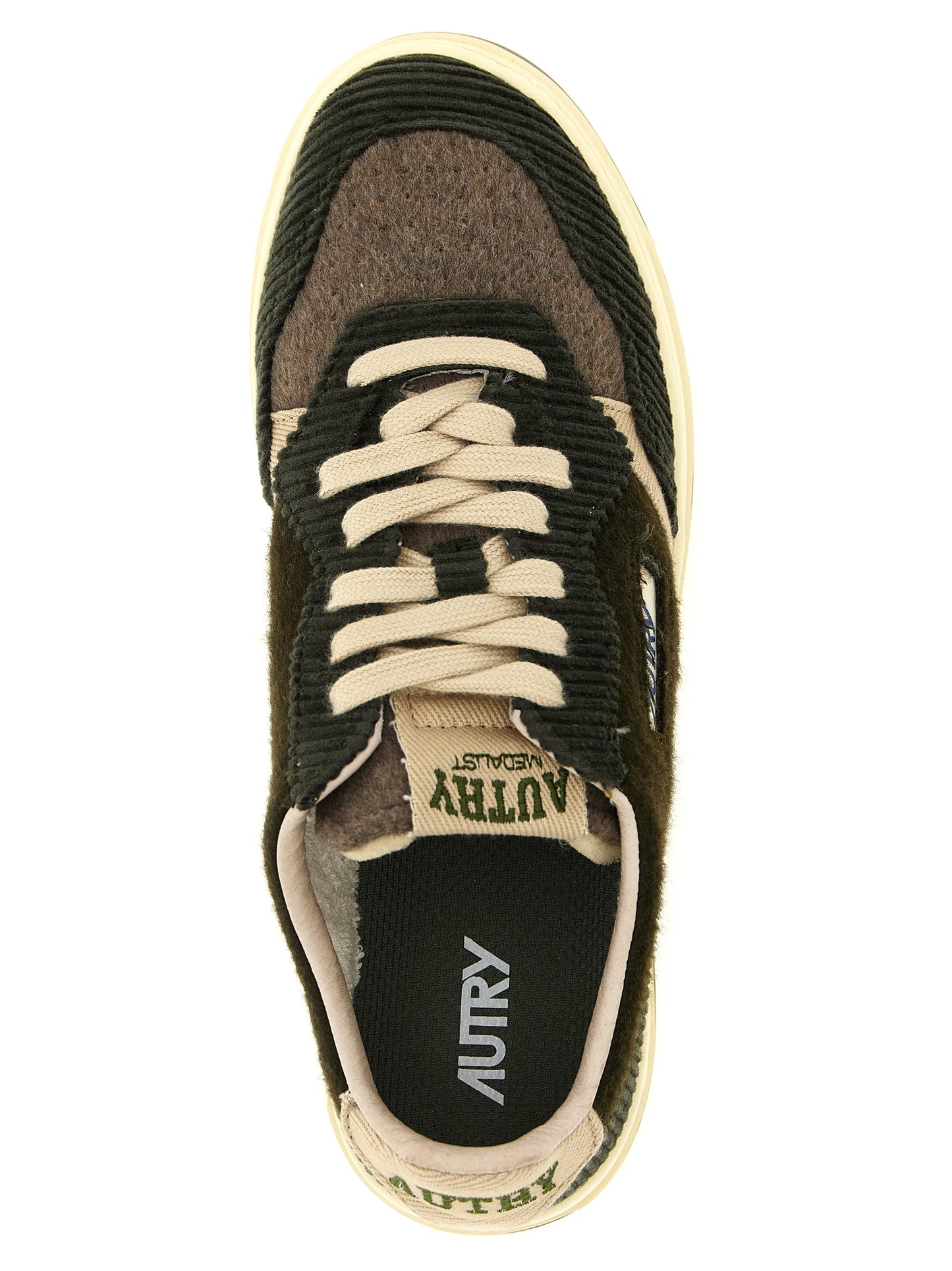 Sneakers by Autry for men in velvet textile corduroy brown, green & olive features an fashionable silhouette, showcasing the premium Men's Low Top Tennis Velvet Textile Corduroy Sneakers in a fashionable low-top tennis style that offers a fashionable finish for refined style.