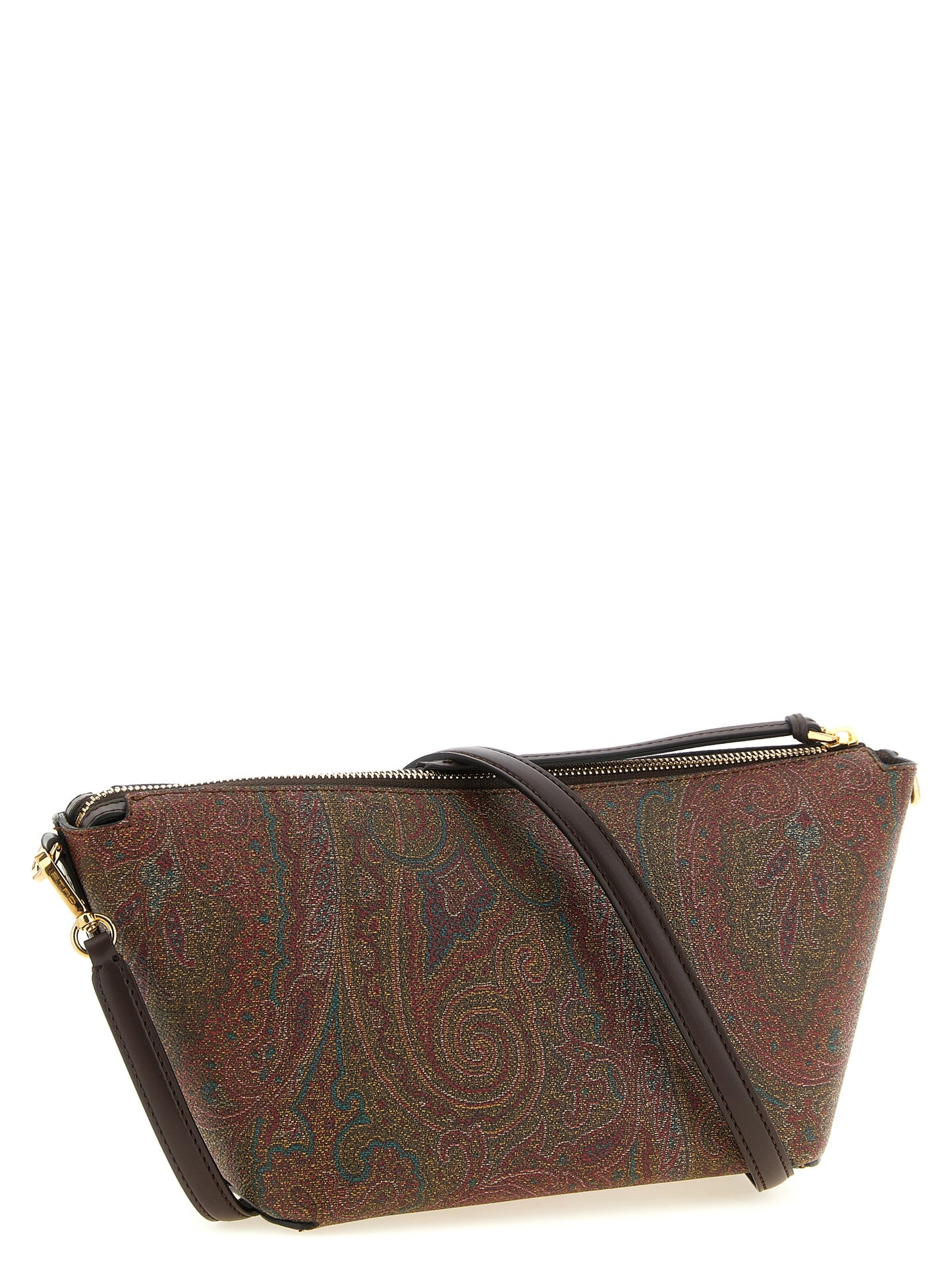 Small Crossbody Handbag by Etro for women in poly cotton & suede calfskin leather bicolour, brown, green, paisley, jacquard & signature features a multifaceted silhouette, showcasing a secure snap, flap & zipper and multifaceted with versatile crossbody-strap, shoulder-strap, handle, adjustable-strap & detachable-strap for multifaceted style.