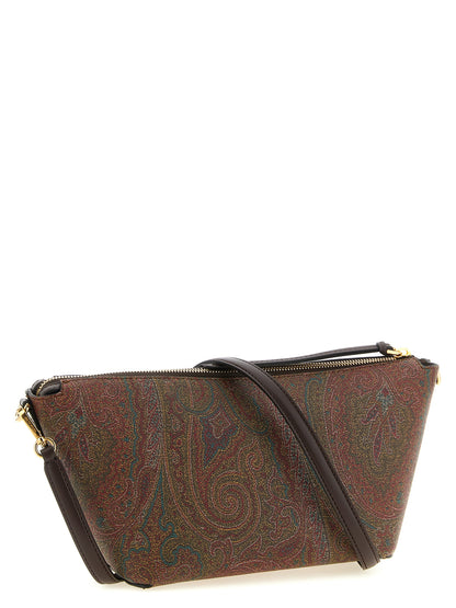 Small Crossbody Handbag by Etro for women in poly cotton & suede calfskin leather bicolour, brown, green, paisley, jacquard & signature features a multifaceted silhouette, showcasing a secure snap, flap & zipper and multifaceted with versatile crossbody-strap, shoulder-strap, handle, adjustable-strap & detachable-strap for multifaceted style.
