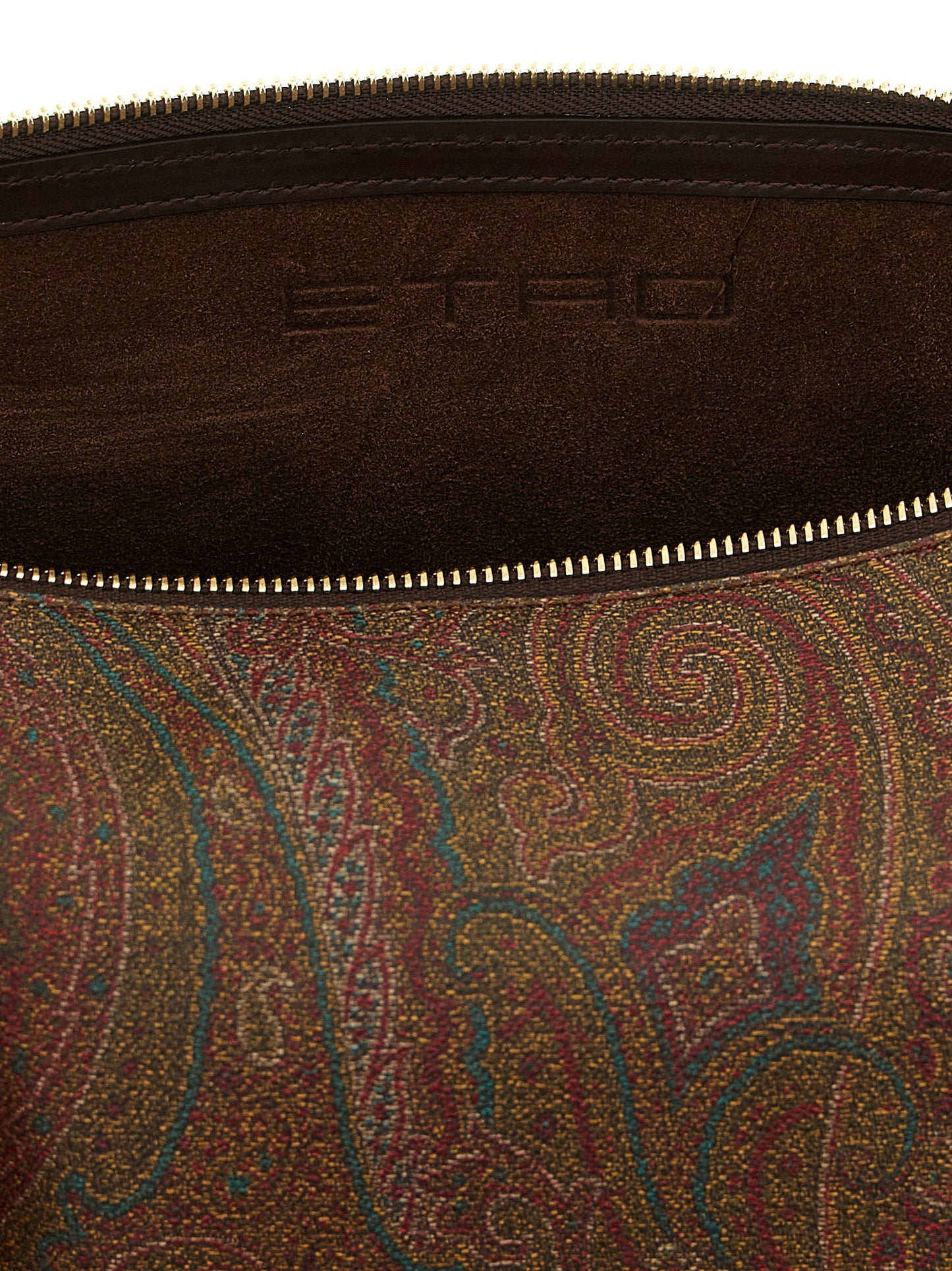 Small Crossbody Handbag by Etro for women in poly cotton & suede calfskin leather bicolour, brown, green, paisley, jacquard & signature features an versatile silhouette, showcasing a secure snap, flap & zipper and versatile with versatile crossbody-strap, shoulder-strap, handle, adjustable-strap & detachable-strap for a versatile finish.